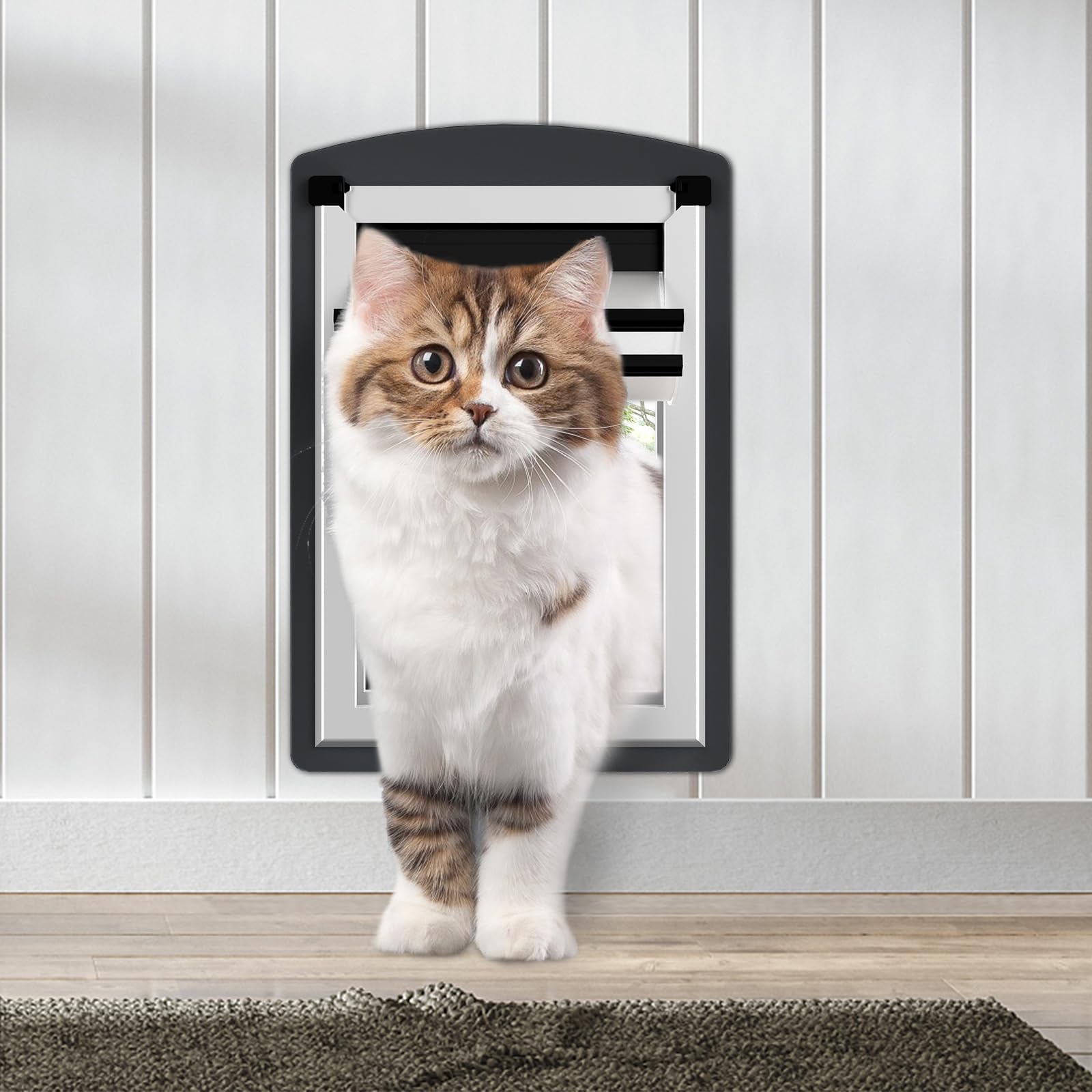Freestanding Cat Door For Wall, Steel Frame Cat Doors With Telescoping Tunnel, Magnetic Double Flaps And 2 Security Lock Panels,