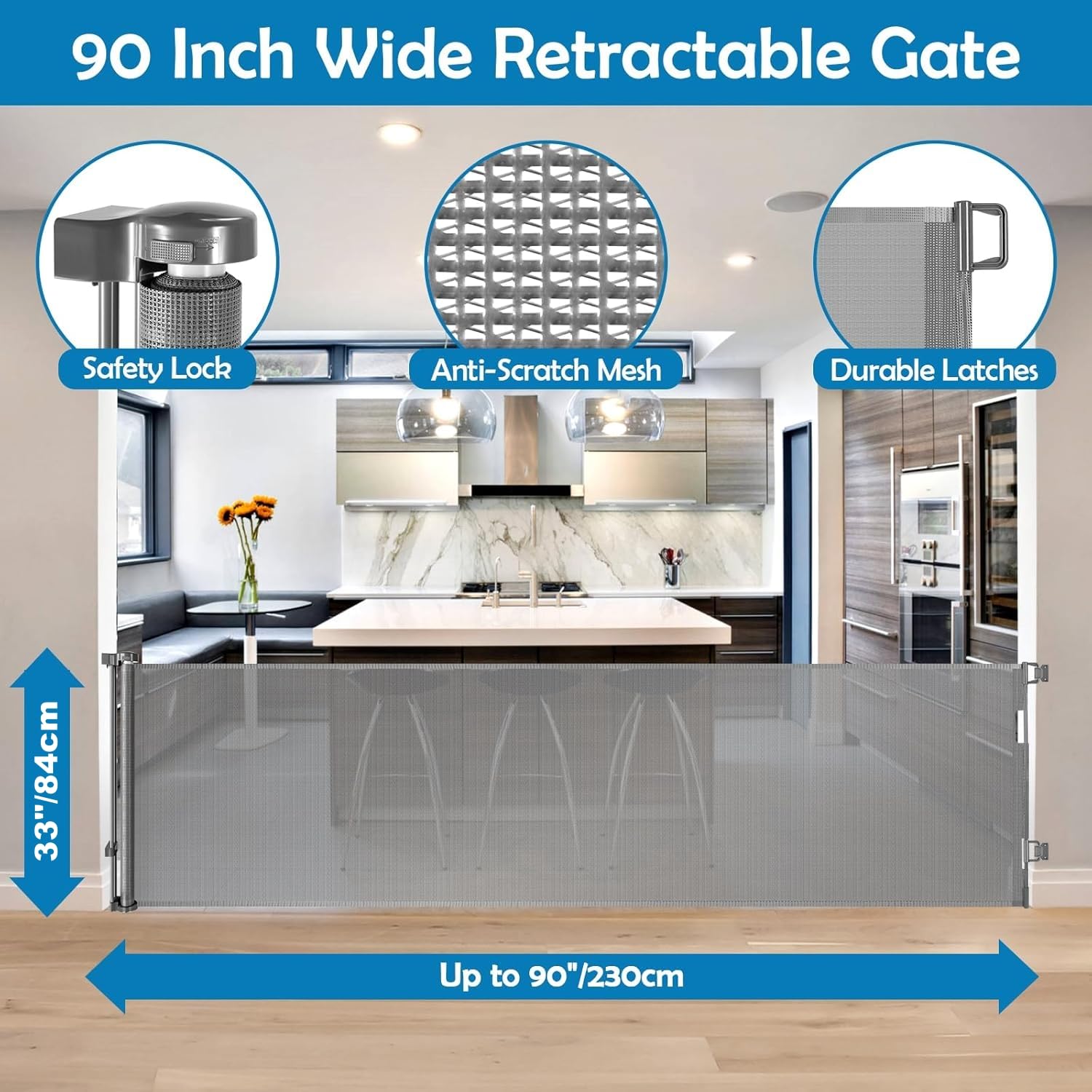 90 Inch Extra Long Baby Gate Retractable Dog Gate Outdoor Gates for Decks Indoor Child Gates for Wide Openings Extra Wide Retrac