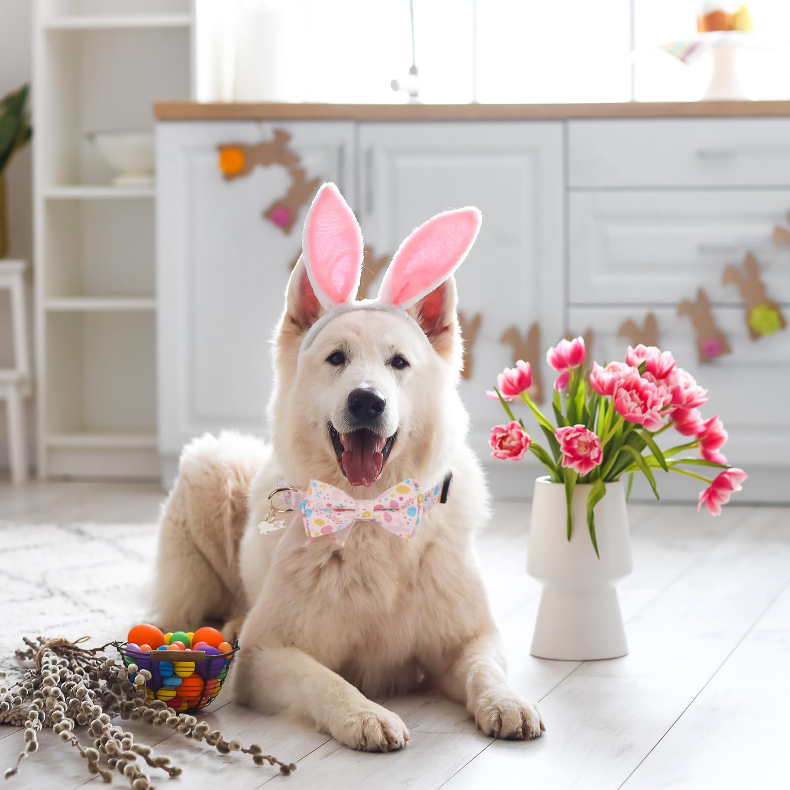 Ptdecor Easter Dog Collar With Bowtie, Multi Size, Adjustable Pink Rabbit Pet Collars For Large Dogs (Large)
