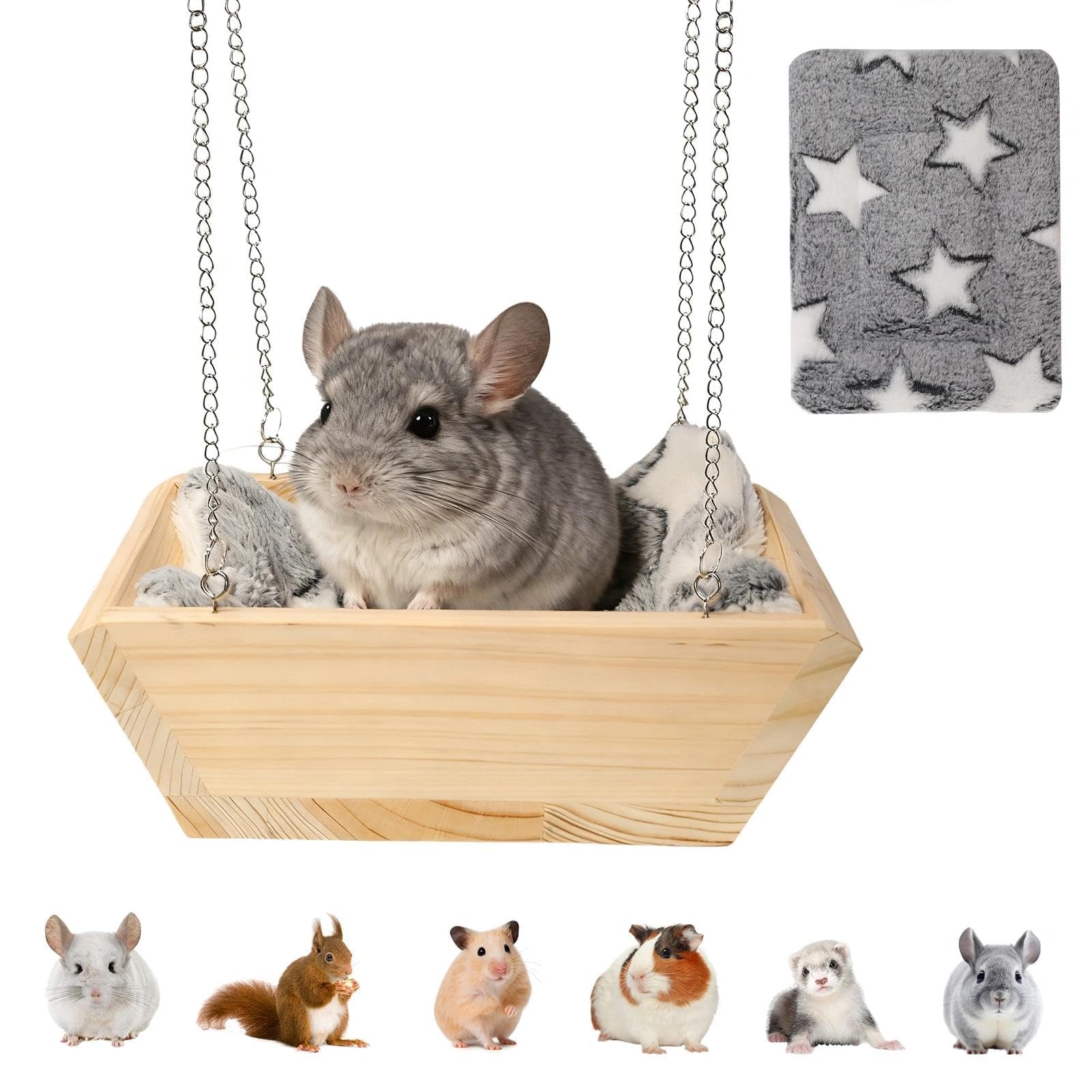 Hollima Large Wooden Hanging Bed with Soft Plush Mat for Chinchilla, Hammock for Rat Cage, Guinea Pig Ferret Swing, Small Animal