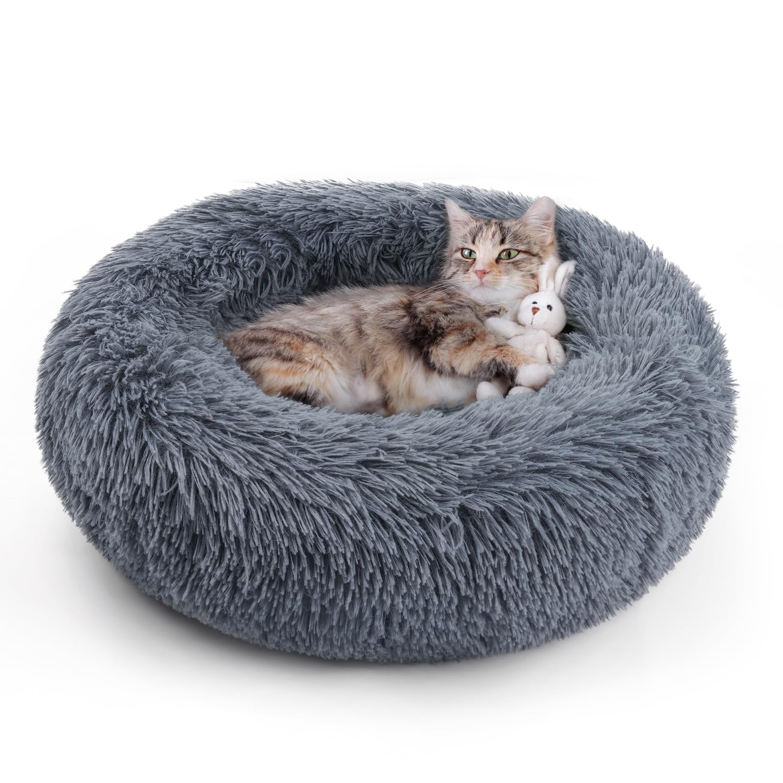 Rabbitgoo Cat Beds For Indoor Cats, 20 Inches Cat Bed Machine Washable, Fluffy Round Pet Bed Non-Slip, Calming Soft Plush Donut 