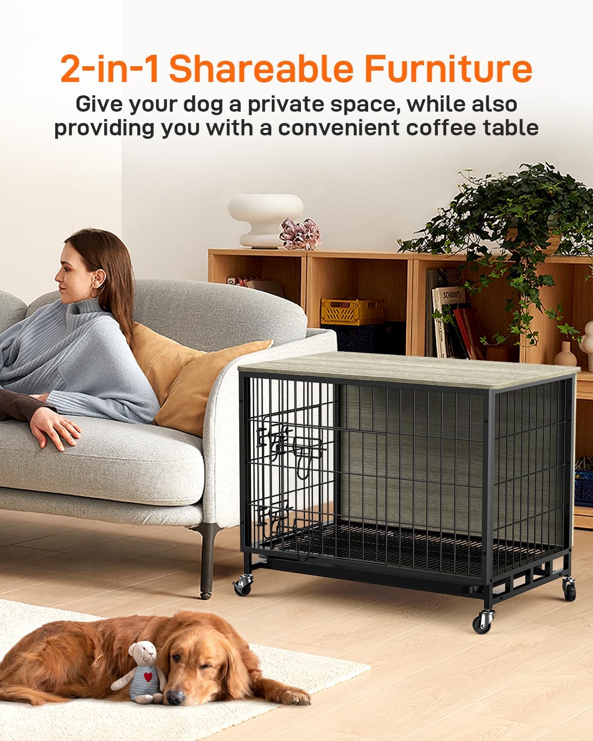 Dog Crate Furniture, 38 Dog Kennel End Table, Wooden Dog Cage with Wheels & Double Doors, Dog Crate Indoor Dog House for Large M