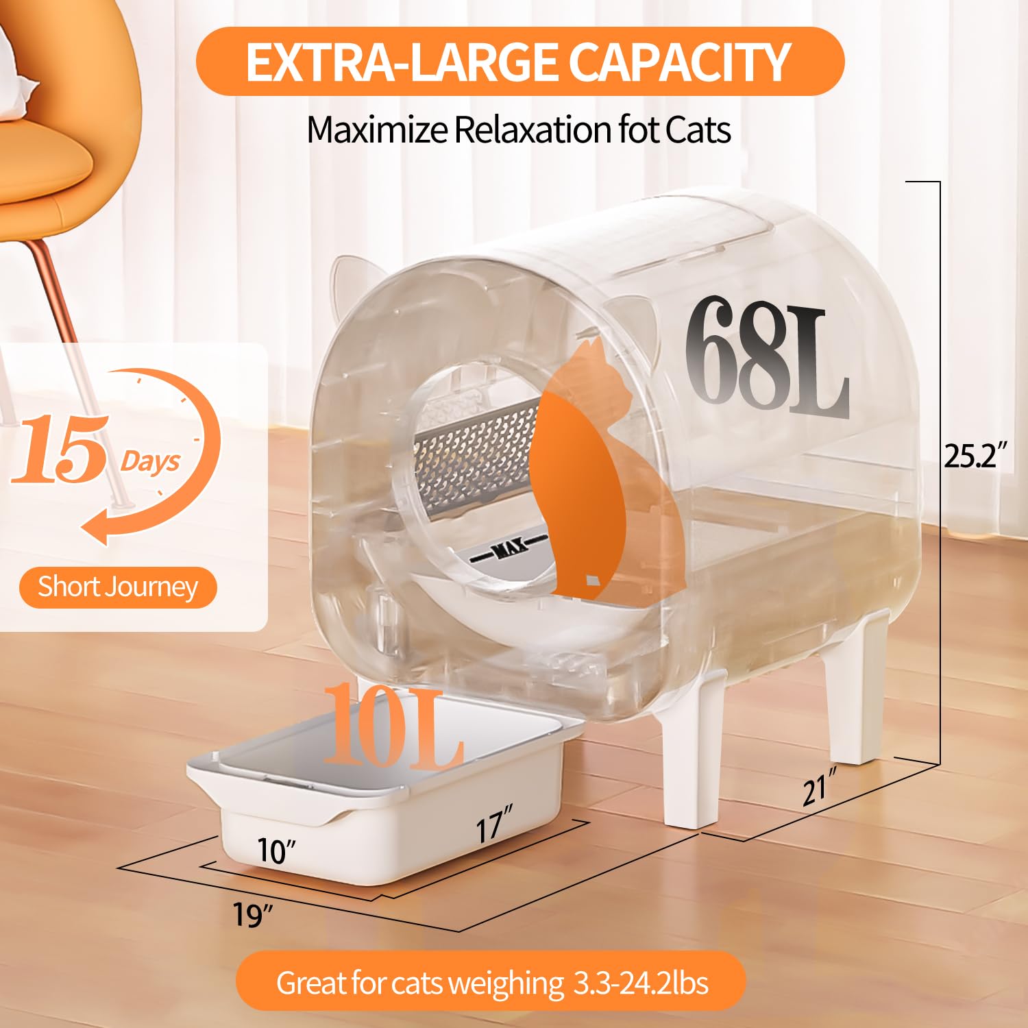 Pawstastic Self Cleaning Litter Box, 68 L Automatic Cat Litter Box for Multiple Cats, Robot with Dual Safety Protection, APP Con