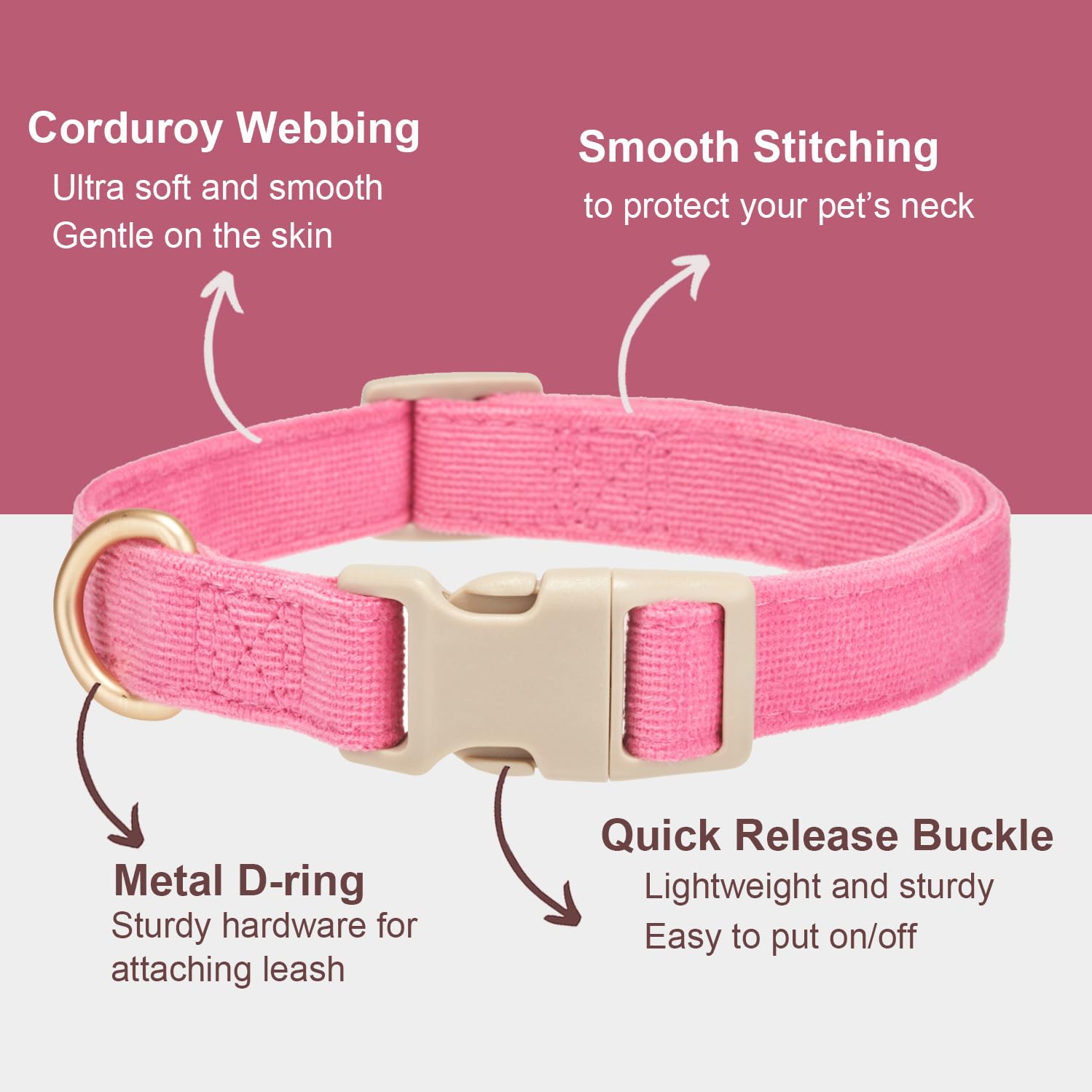 Yudote Soft Cotton Dog Collar Adjustable Corduroy Dog Collars For Small Medium Large Female Dogs(Hot Pink,Large)