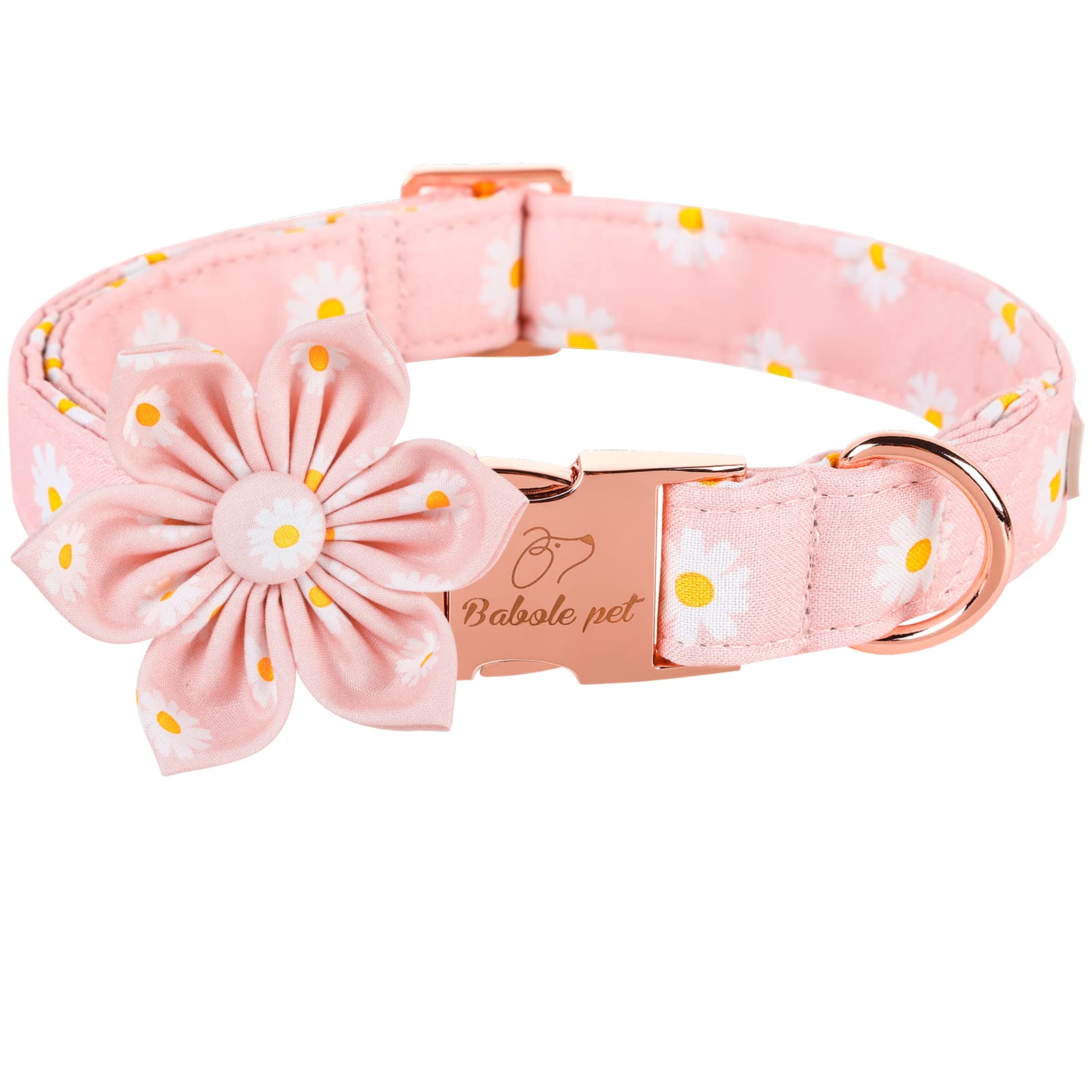Babole Pet Dog Collar With Pink Daisy Flower Tie,Cotton Dog Collar With Safety Metal Buckle Adjustable Puppy Collars For Small Medium Large Boy&Girl Dog,Small,Neck 10'-16'