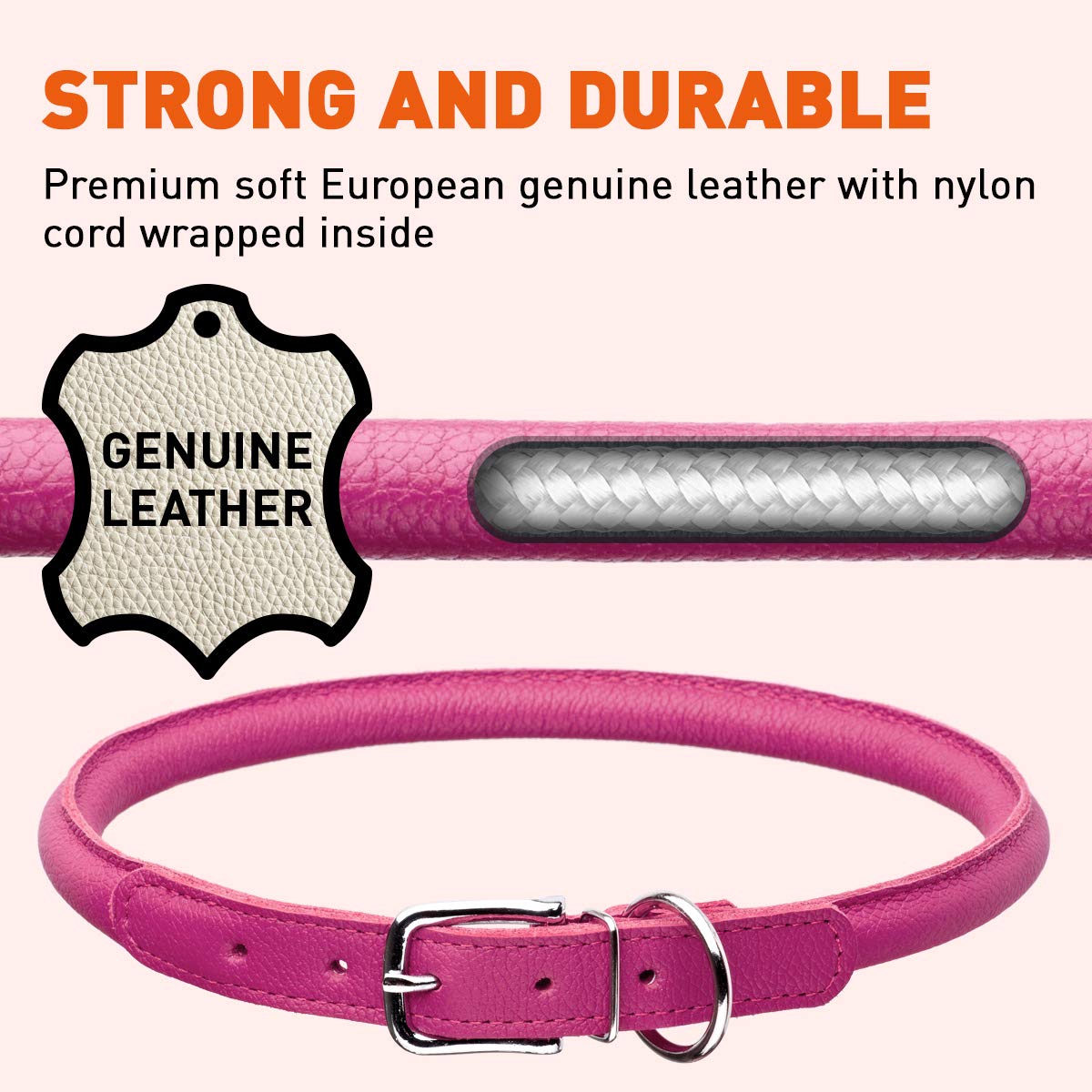 Dogline 1/2-Inch Wide Soft Padded Rolled Round Leather Dog Collar, 22 To 25-Inch Length, Hot Pink