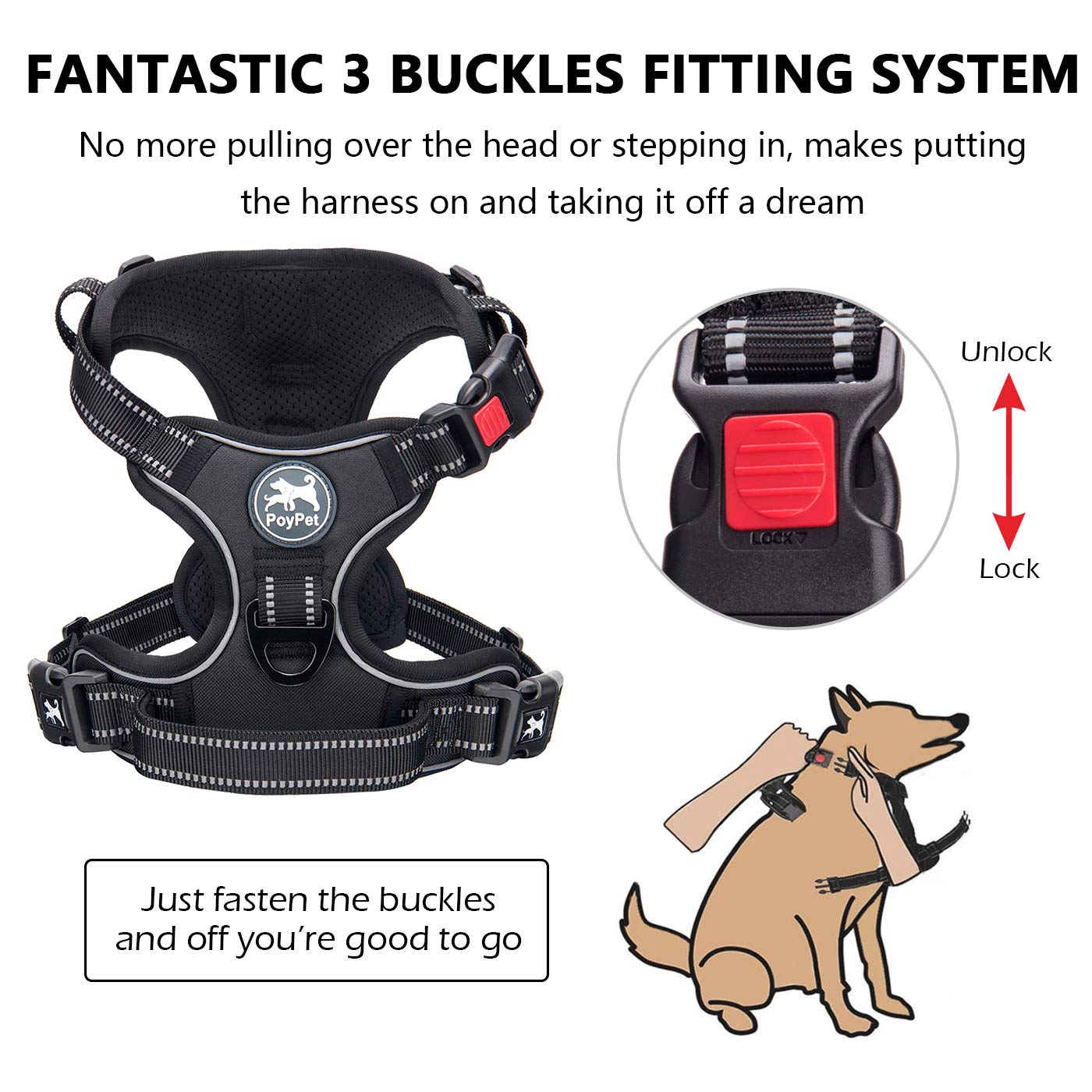 PoyPet No Pull Dog Harness, Adjustable Soft Padded Vest, Medium, Black, Reflective, Model 007073-FBA