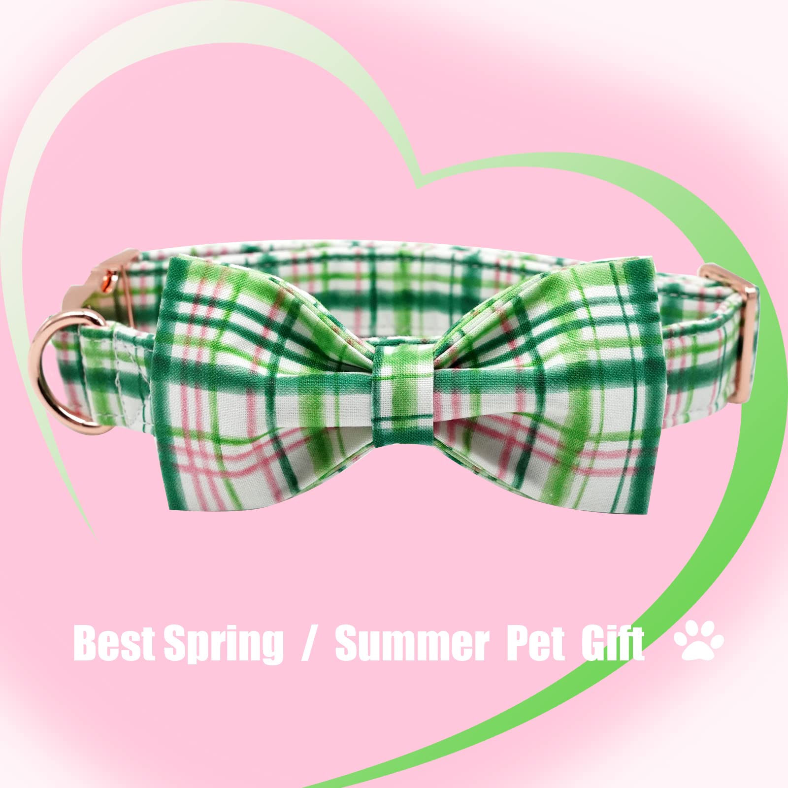 Elegant Little Tail Dog Collar With Bow - Pink With Green Plaid Boy Or Girl Dog Collar Cute Bowtie Pet Collar Adjustable Dog Col