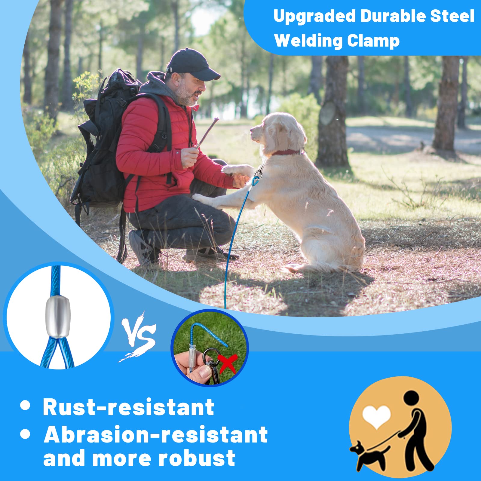 Haiyuan 10/15/20/25/30 Ft Dog Tie Out Cable - Steel Wire Dog Runner With Durable Clips For Outside Lead - Blue - Up To 165 Lbs