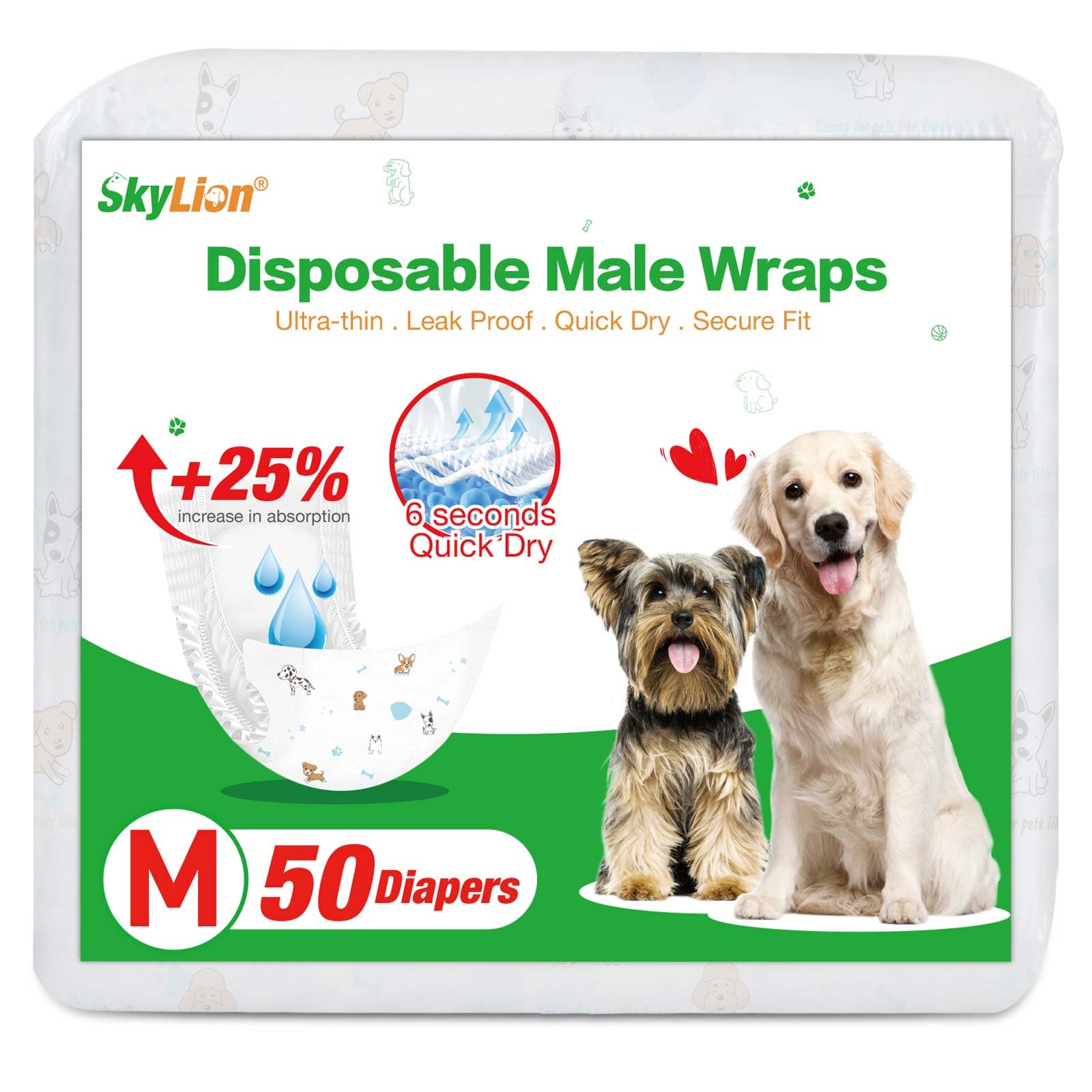 Dog Diapers Male Disposable Super Absorbent, 50 Count, Male Dog Wraps Leak Proof, Ultra Dry & Breathable, Medium