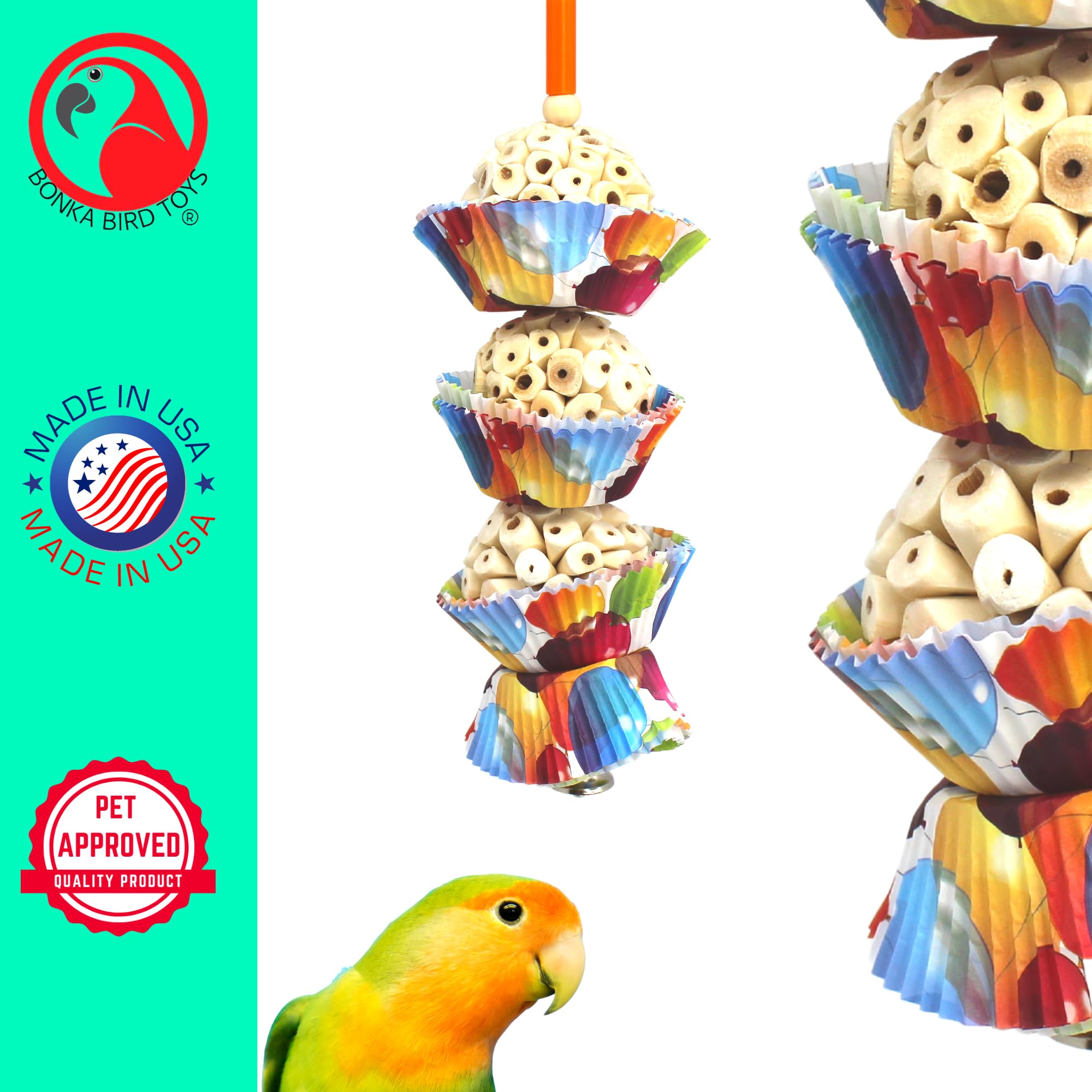Bonka Bird Toys 1931 Three Cake, 11.75' Hanging Bird Toy With Sola Balls, Cupcake Cups, Wooden Beads, Bell, And Straw, Chewable And Shreddable, Safe For Parrots, And Small Birds
