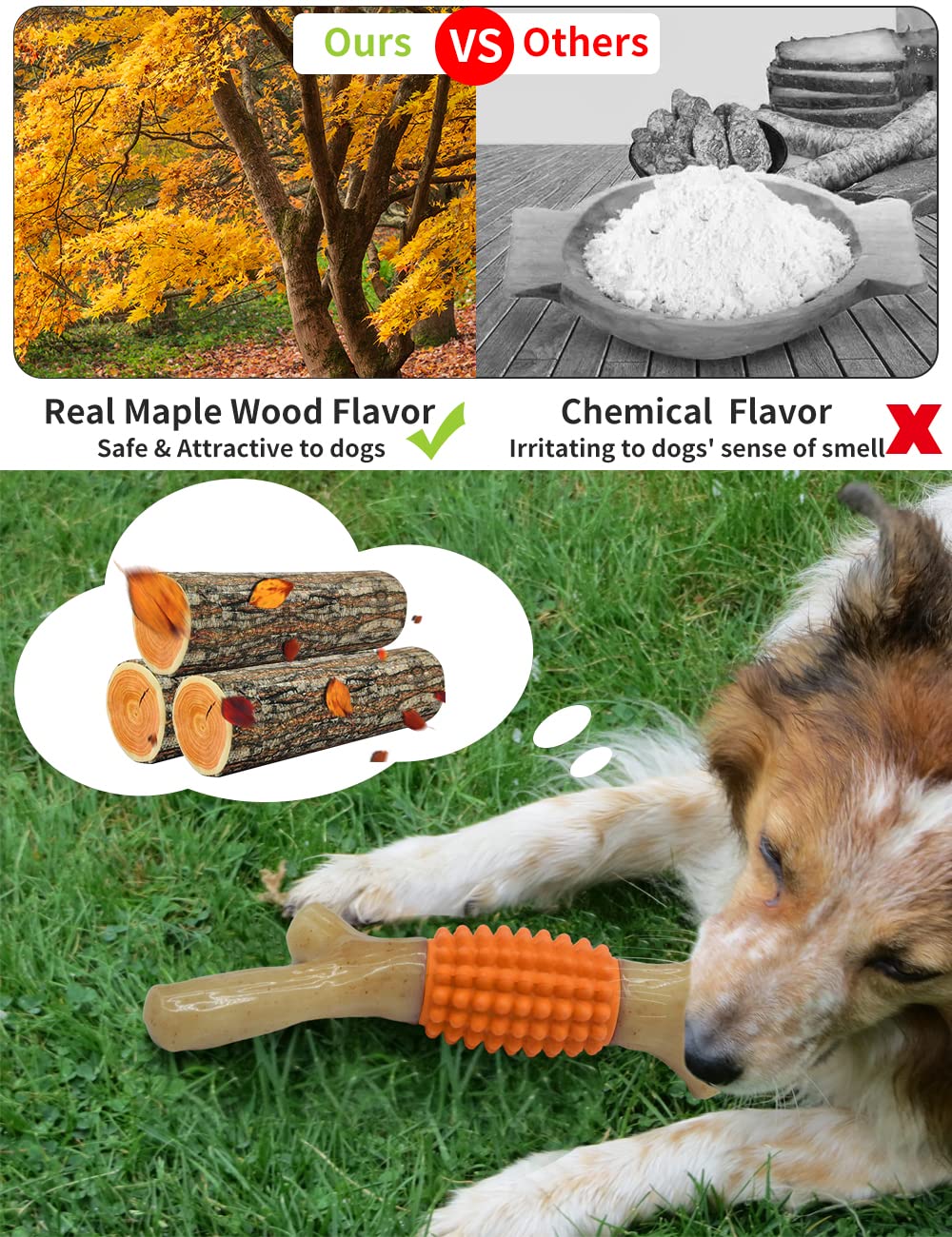 Schitec Dog Chew Toy For Aggressive Chewers, Tough Big Nylon & Rubber Teething Stick With Real Maple Wood Flavor For Large Mediu