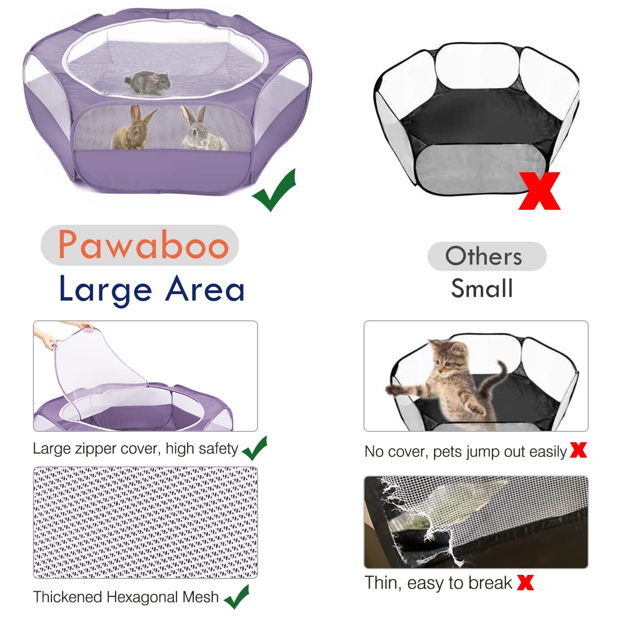 Pawaboo Small Animals Playpen, Breathable & Waterproof Small Pet Cage Tent With Zippered Cover, Portable Outdoor Yard Fence For Kitten/Puppy/Guinea Pig/Rabbits/Hamster/Chinchillas, Purple