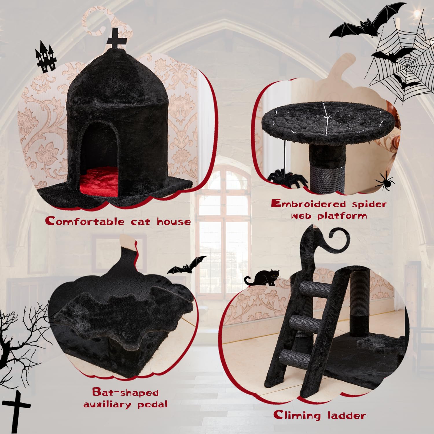 Yaruomy Gothic Cat Tree With Coffin Bed,55' Cat Tower With Spacious Cat Condo,Scratching Posts,Spider Hanging Ball,Multi-Level Cat Activities Furniture For Large Cats, Black Halloween