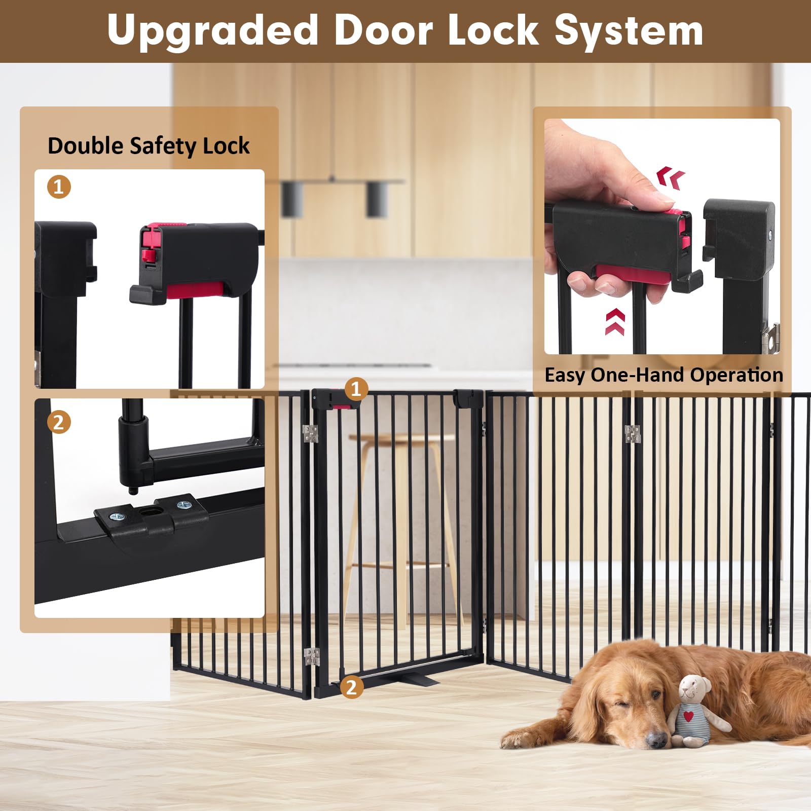 Metal Freestanding Dog Gates With Door,Extra Wide 24'', 32'' Height Foldable Dog Fence For Indoor & Outdoor, Heavy Duty Freestan