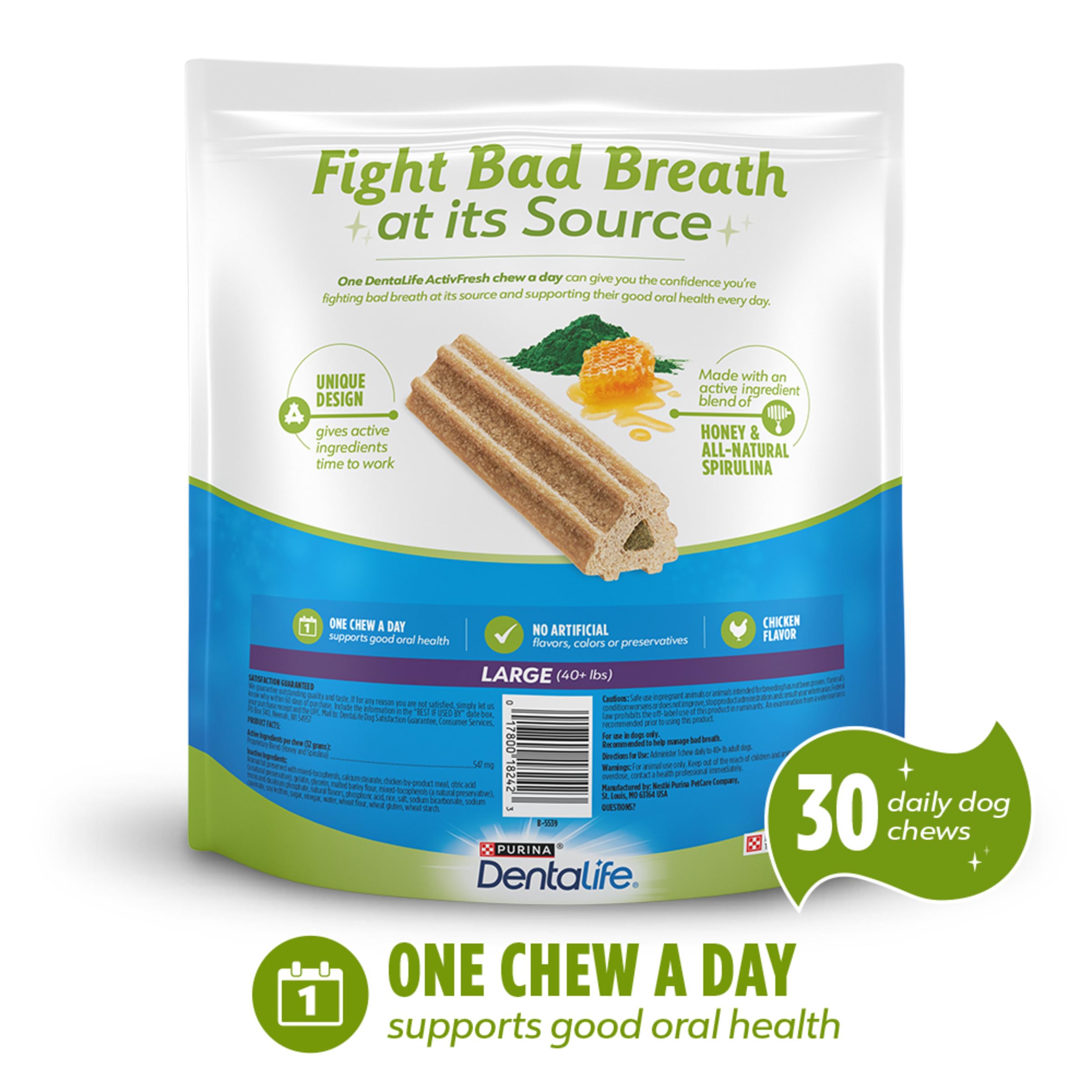 DentaLife Dog Chews Pack of 2, Dental Chews for Large Dogs 40 lbs+, Chicken Flavor, 35 oz Each, 60 Total Chews, Brown