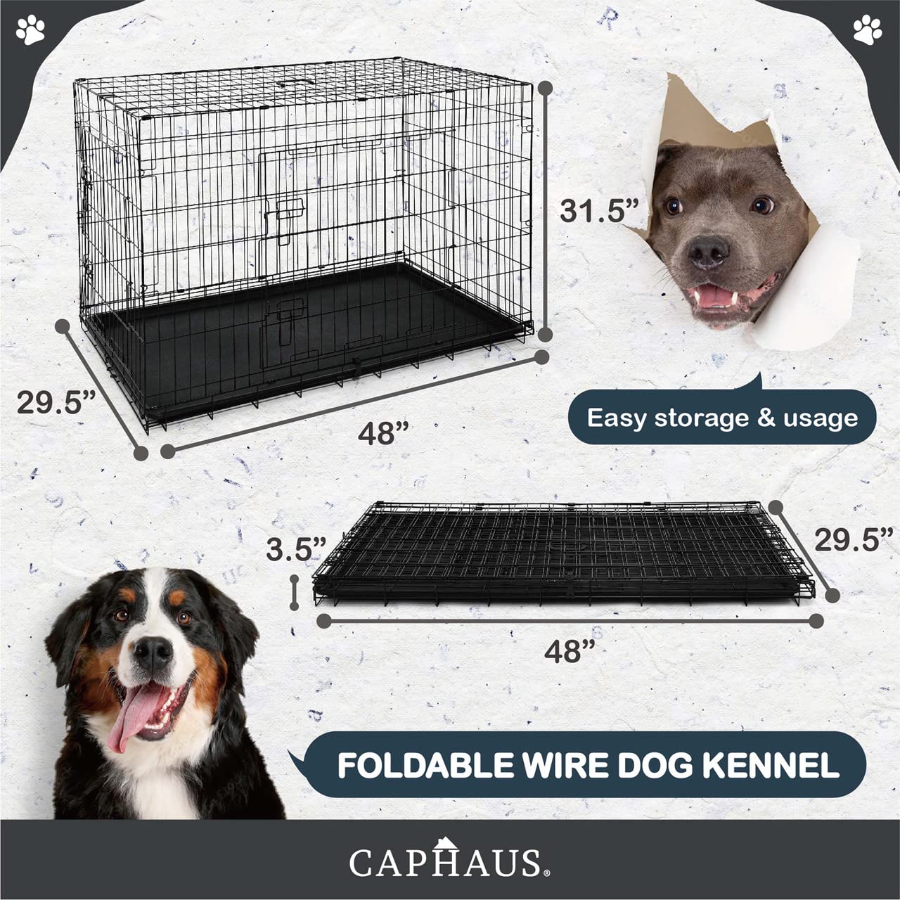 Caphaus Foldable Dog Crate Wire Metal Kennel W/Leak-Proof Pan & Protecting Feet & Divider Panel, Small, Medium & Large Indoor Ca