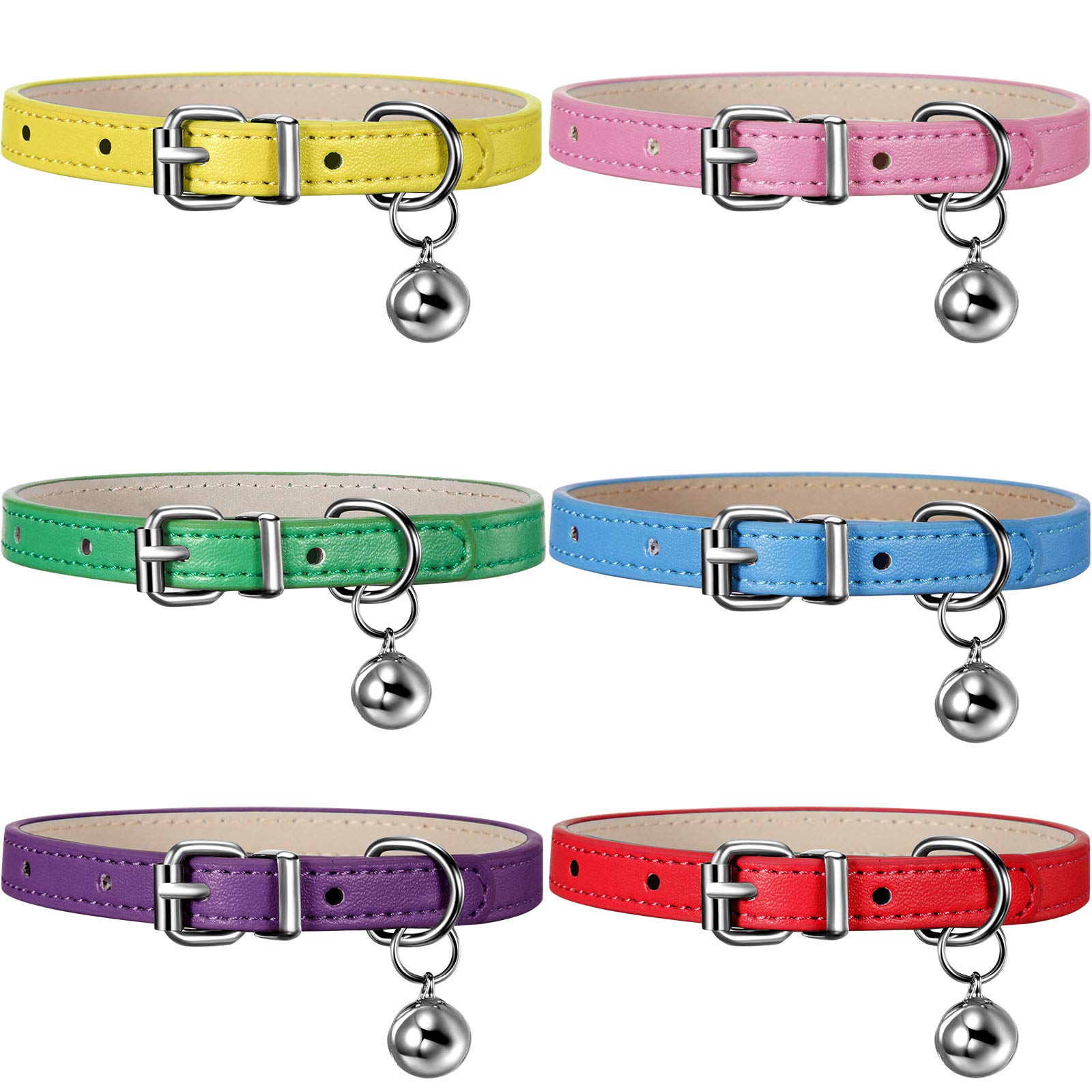 6 Pieces Leather Pet Cat Collars With Bell Soft Adjustable Leather Kitten Collars Cute Pet Collars For Small Cat Kitten Puppy (Bright Color)