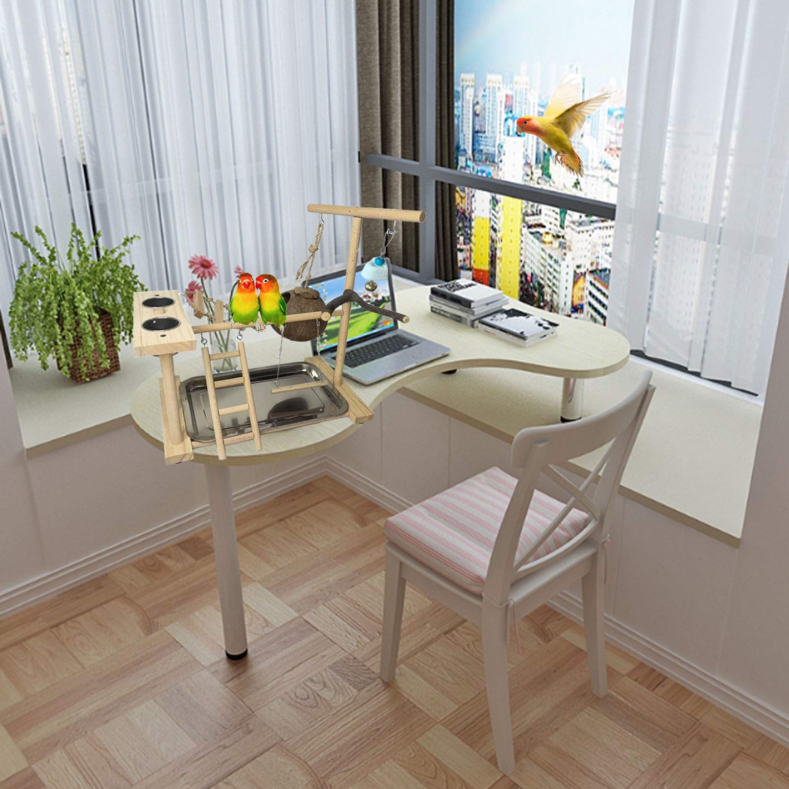 Parakeet Playground Bird Play Stand Natural Wood Perch Gym Parrots Nest Climb Swing Ladders With Feeder Cups Lovebirds Cage Accessories Toy Exercise Activity For Conure Cockatiel Lovebirds