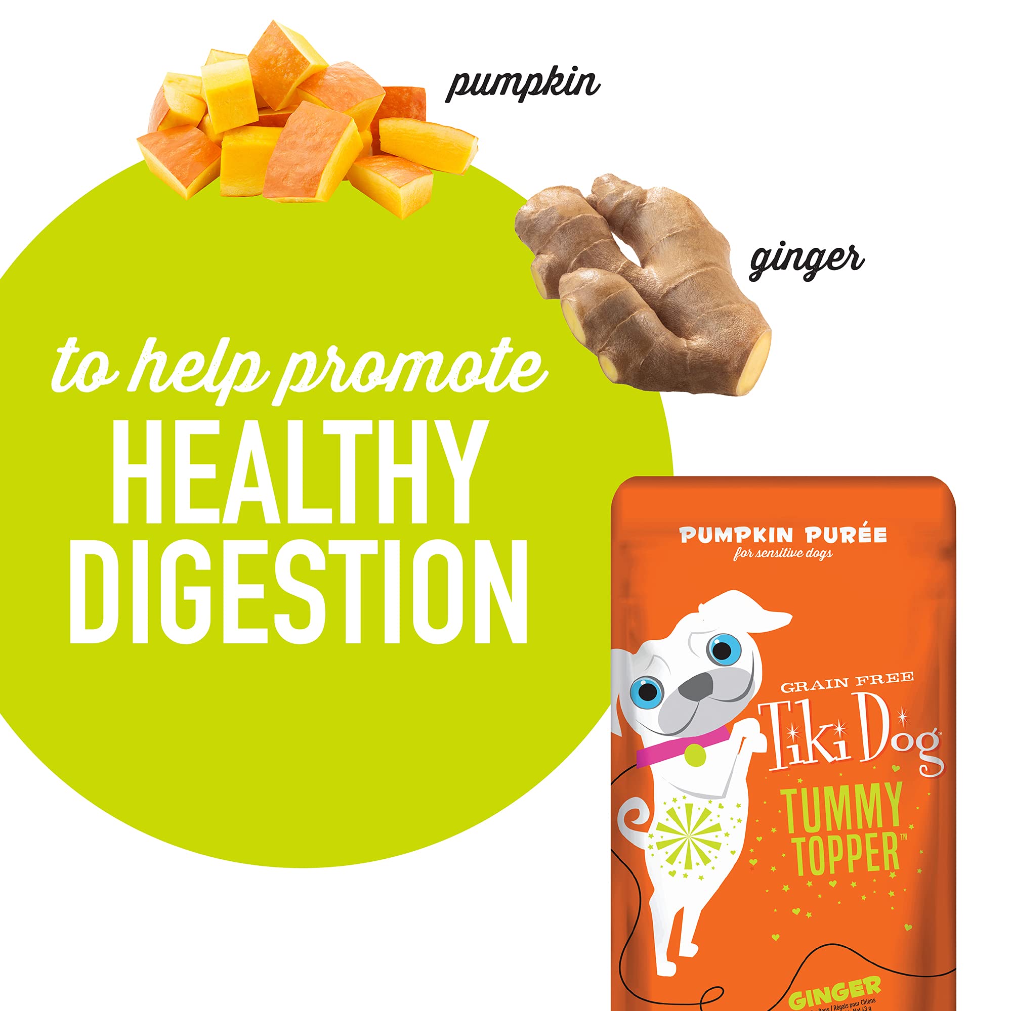 Tiki Dog Single-Serve Tummy Topper, Grain-Free Pumpkin Pur  e with Ginger for Sensitive Stomachs, 1.5oz Pouches (Pack of 12)