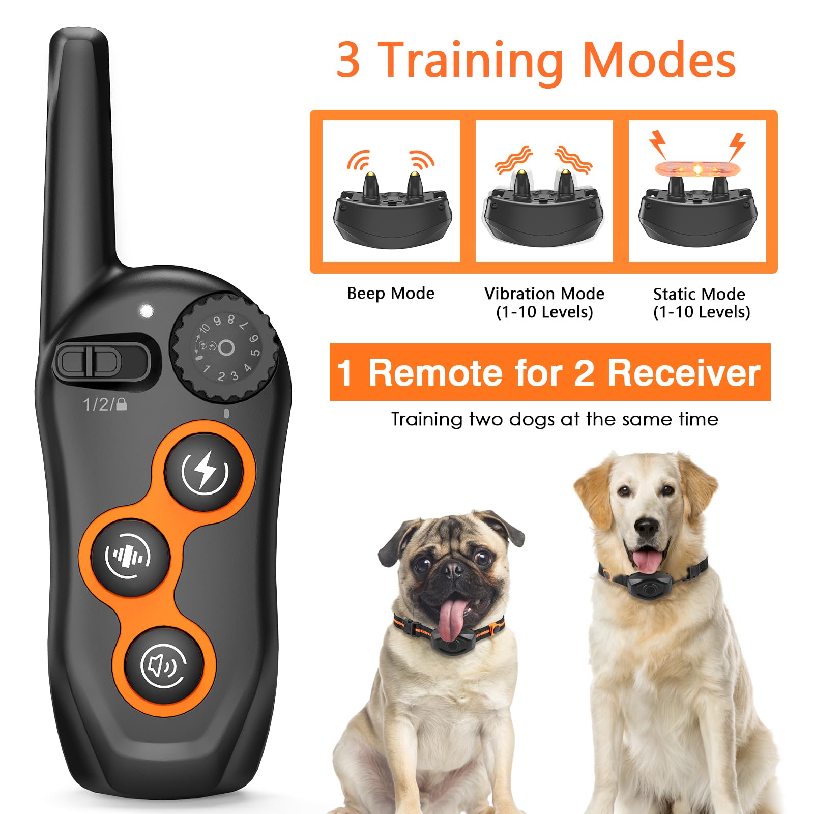 Dog Training Collar, IPX7 Waterproof Dog Training Collar with Remote Range 1300ft, 3 Training Modes, Beep, Static, Vibration, Re