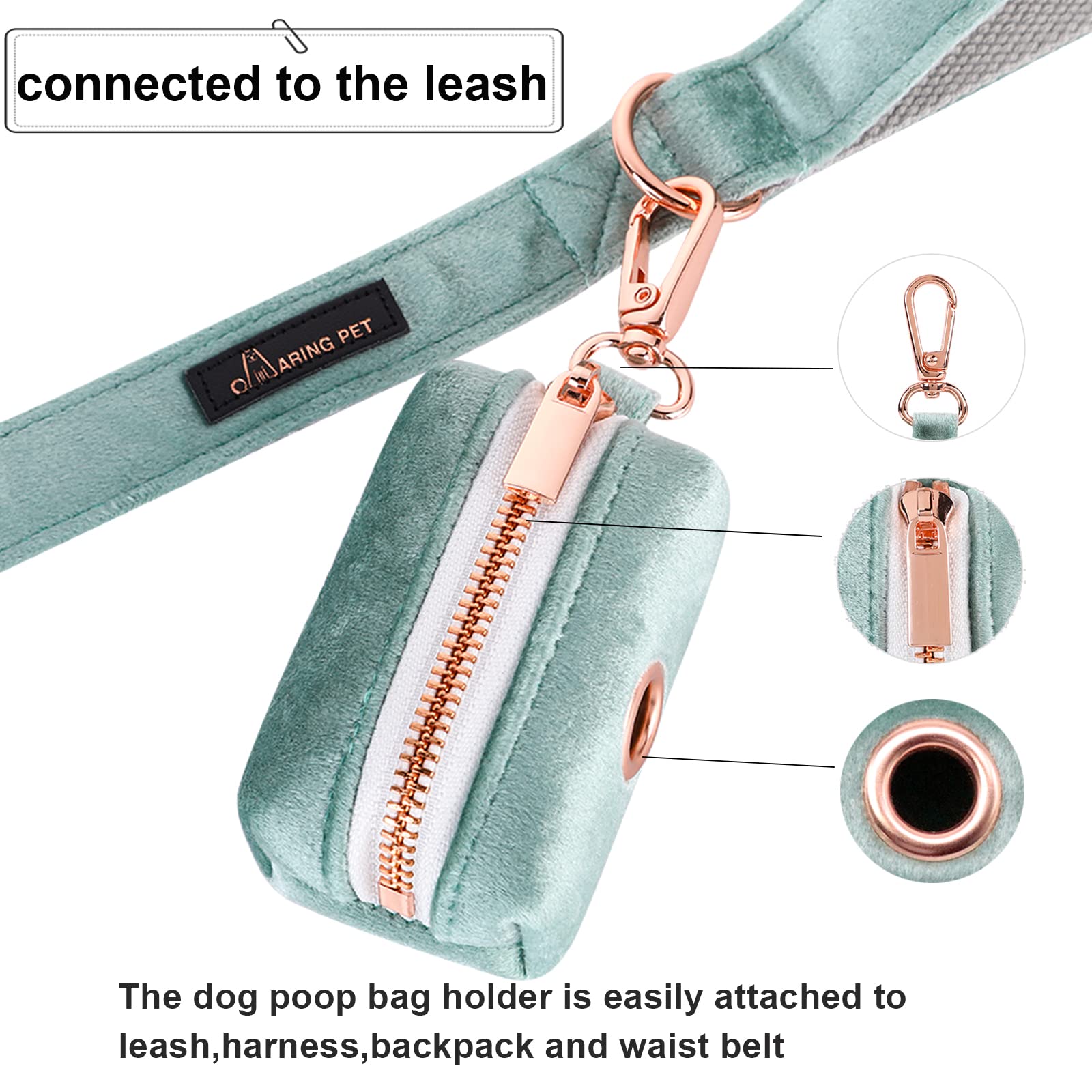 Aring Pet Dog Waste Bag Dispenser, Velvet Green Doggy Poop Bags Holders Attach To Any Leashes, Portable Washable Pet Waste Pouch