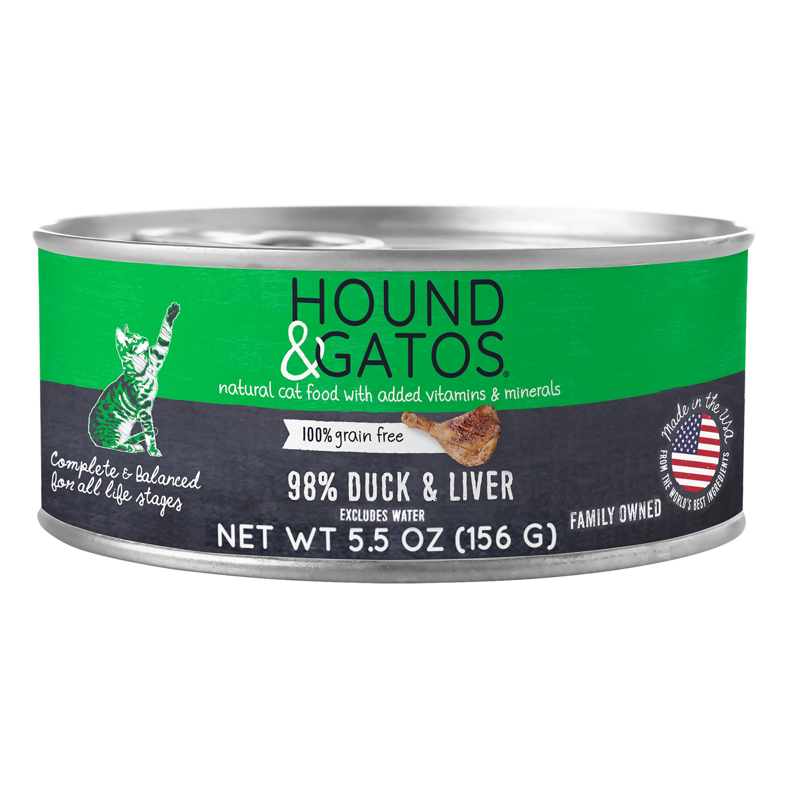 Hound & Gatos Wet Cat Food, 98% Duck & Liver, Grain Free Pate Cat Food, Real Meat, High Protein, Limited Ingredients, No Additiv