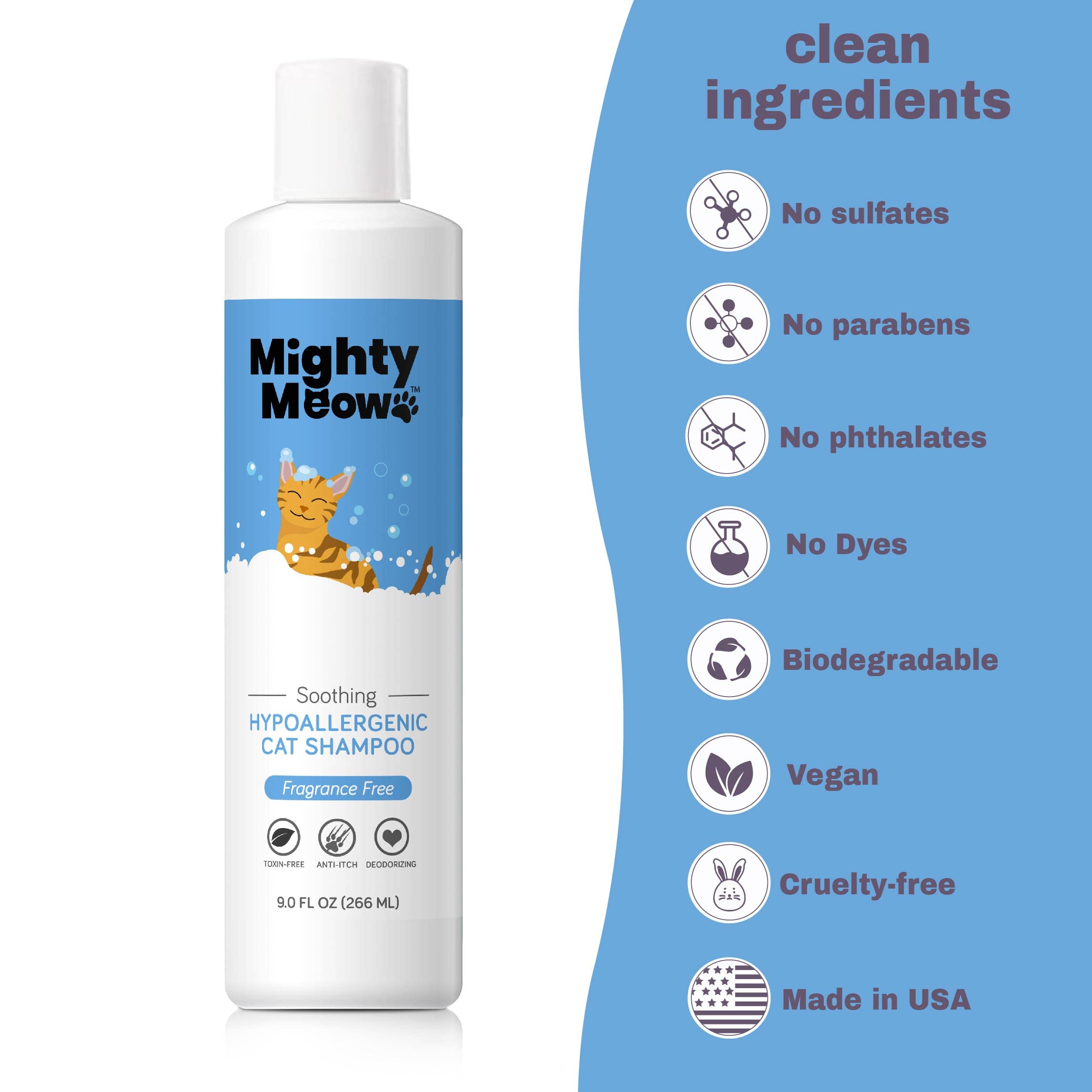 Mighty Meow Soothing Hypoallergenic Cat Shampoo - Easy At-Home Cat Grooming | Deodorizes | Gentle & Anti-Itch | Natural & Allerg