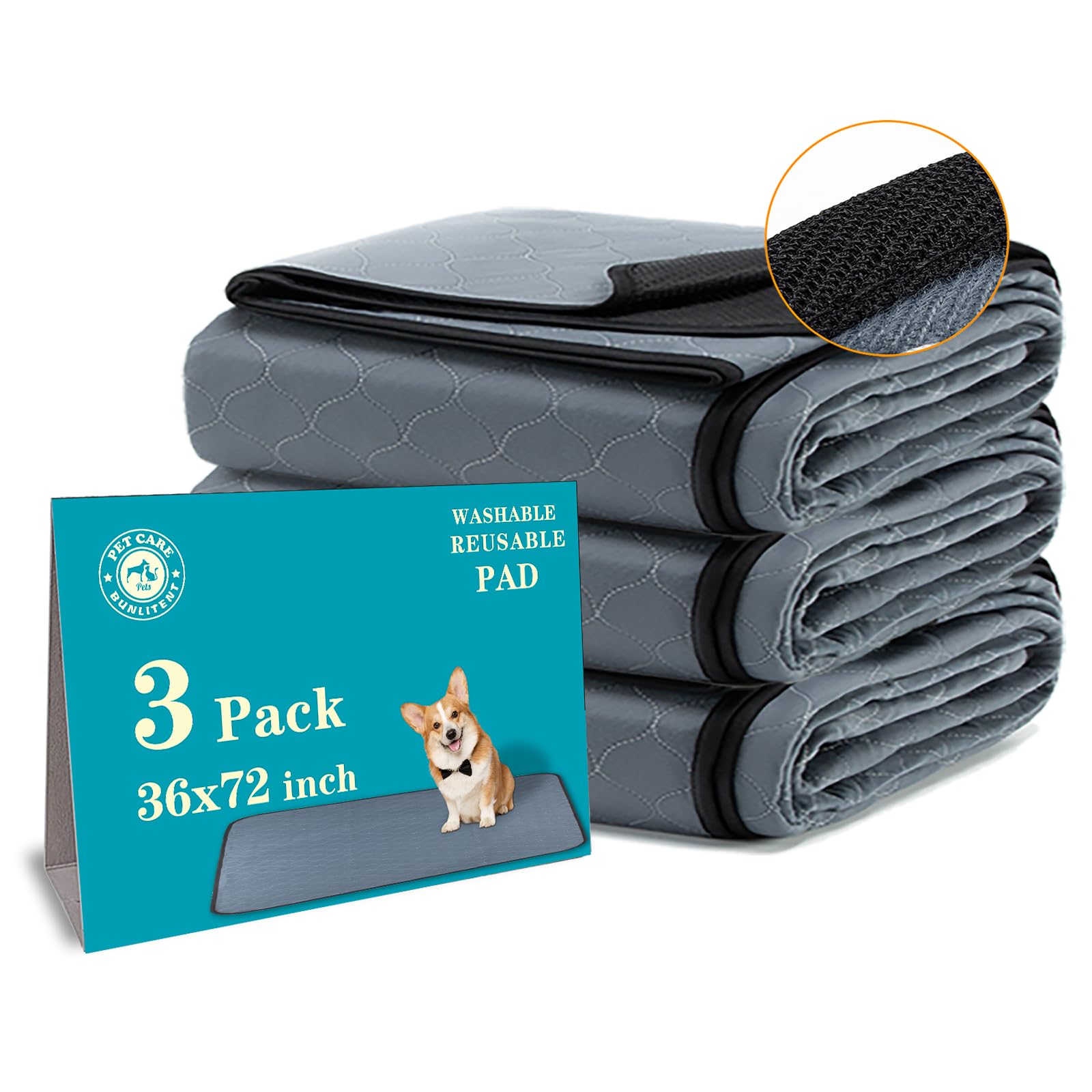Bunlitent Washable Pee Pads For Dogs 3 Pack, 36X72, Reusable Puppy Pads, Reusable Pee Pads With Quick Dry, Anti-Slip Dog Cat Pee