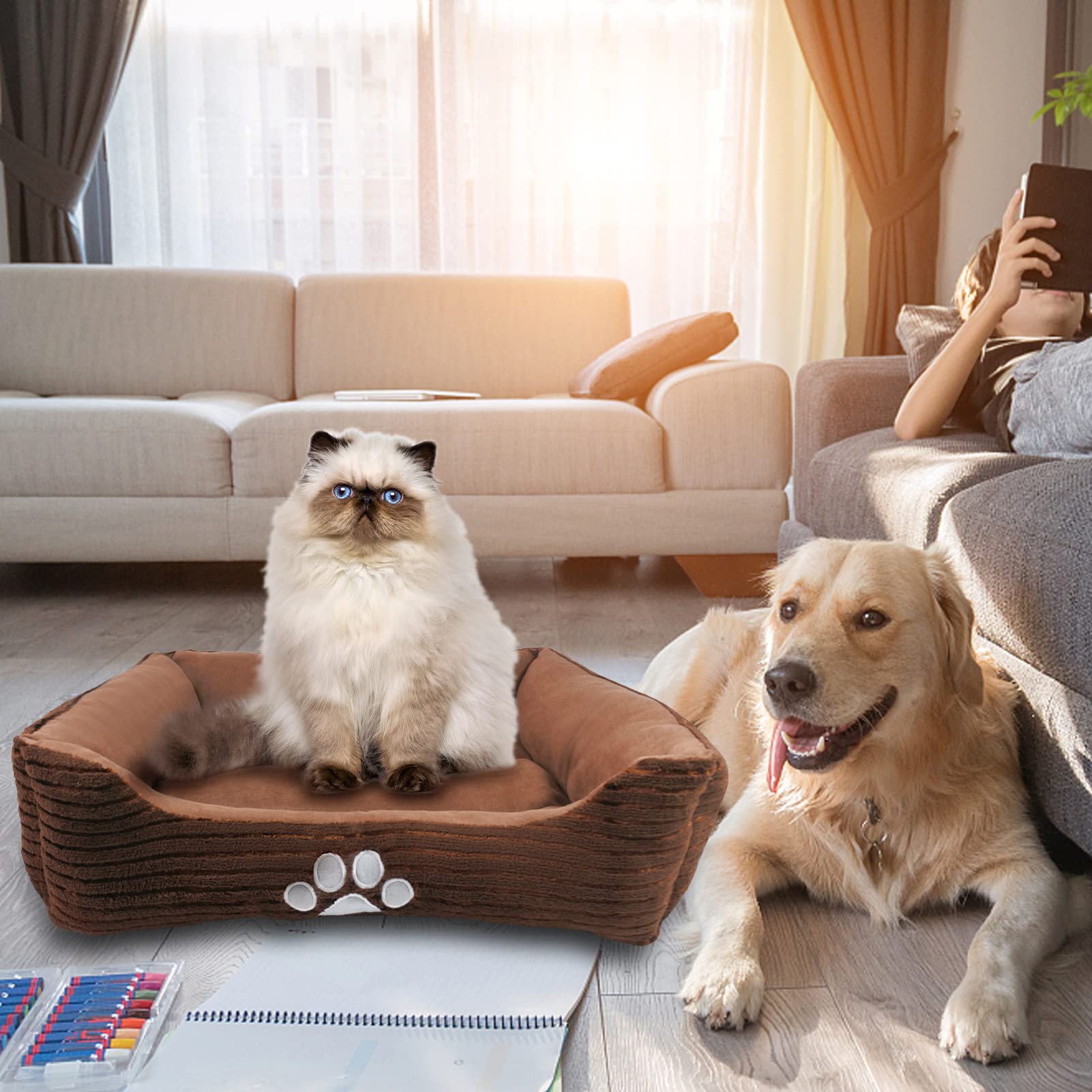 Long Rich Hct Rec-005 Reversible Rectangle Pet Bed With Dog Paw Printing, Coffee, By Happycare Textiles, 25 By 21 Inches