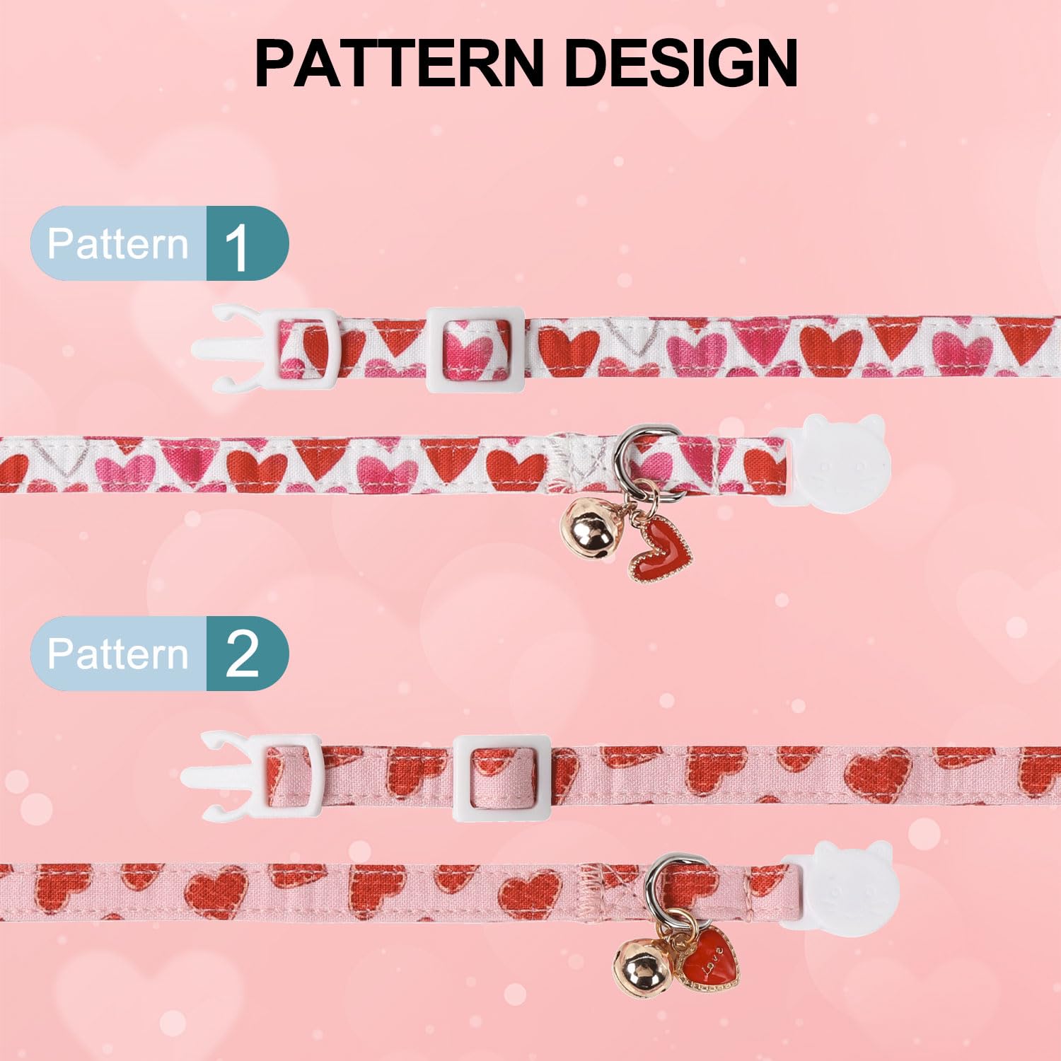 Lionet Paws 2Pcs Pack Valentine'S Day Cotton Cat Collar,Breakaway Buckle With Pink Red Heart Cute Adjustable Cat Kitten Collar,I