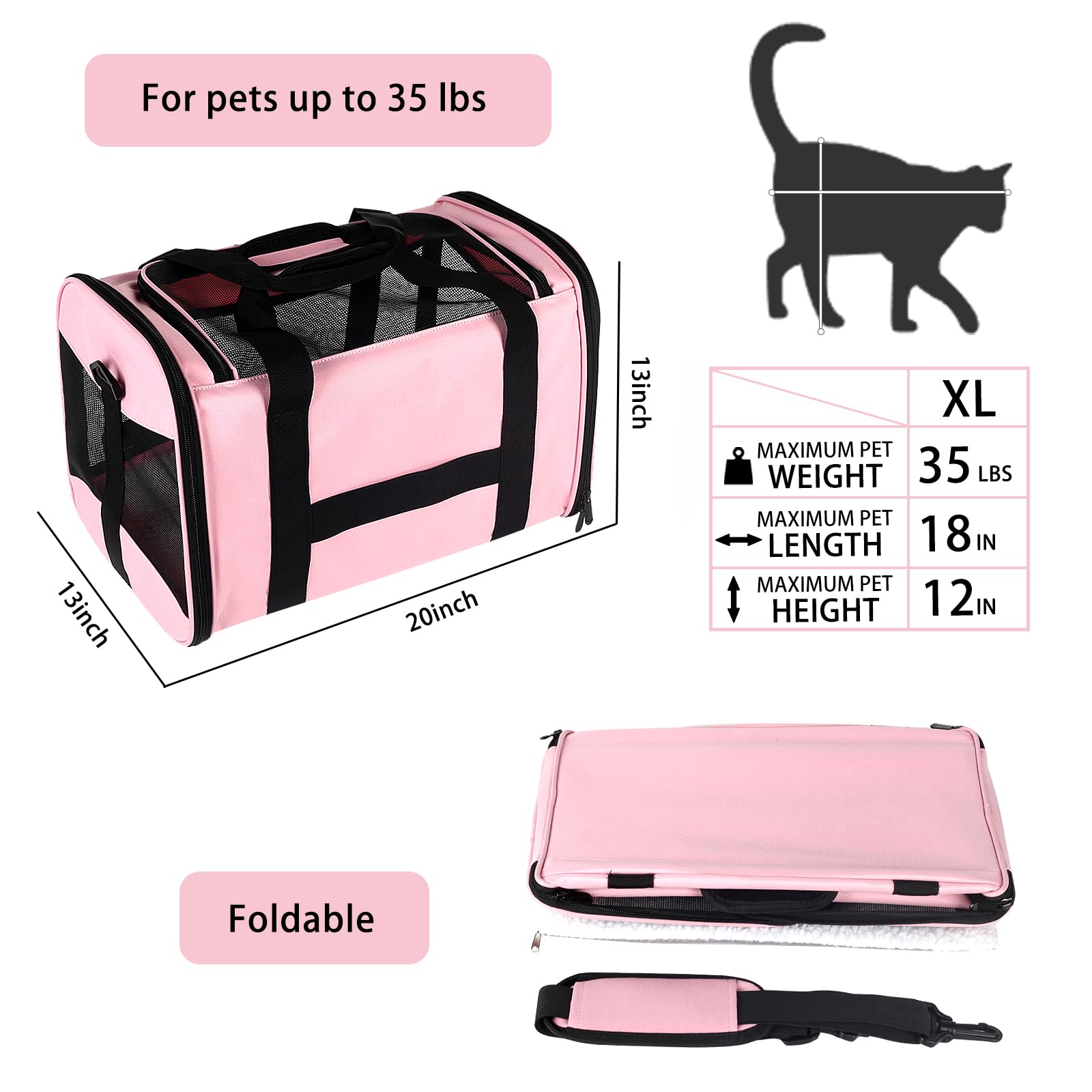 Top Tasta Cat Carrier Large Dog Cat Carriers Puppies Up To 30Lbs, Big Dog Carrier Soft Sided, Collapsible Travel Puppy Carrier (X-Large, Pink)