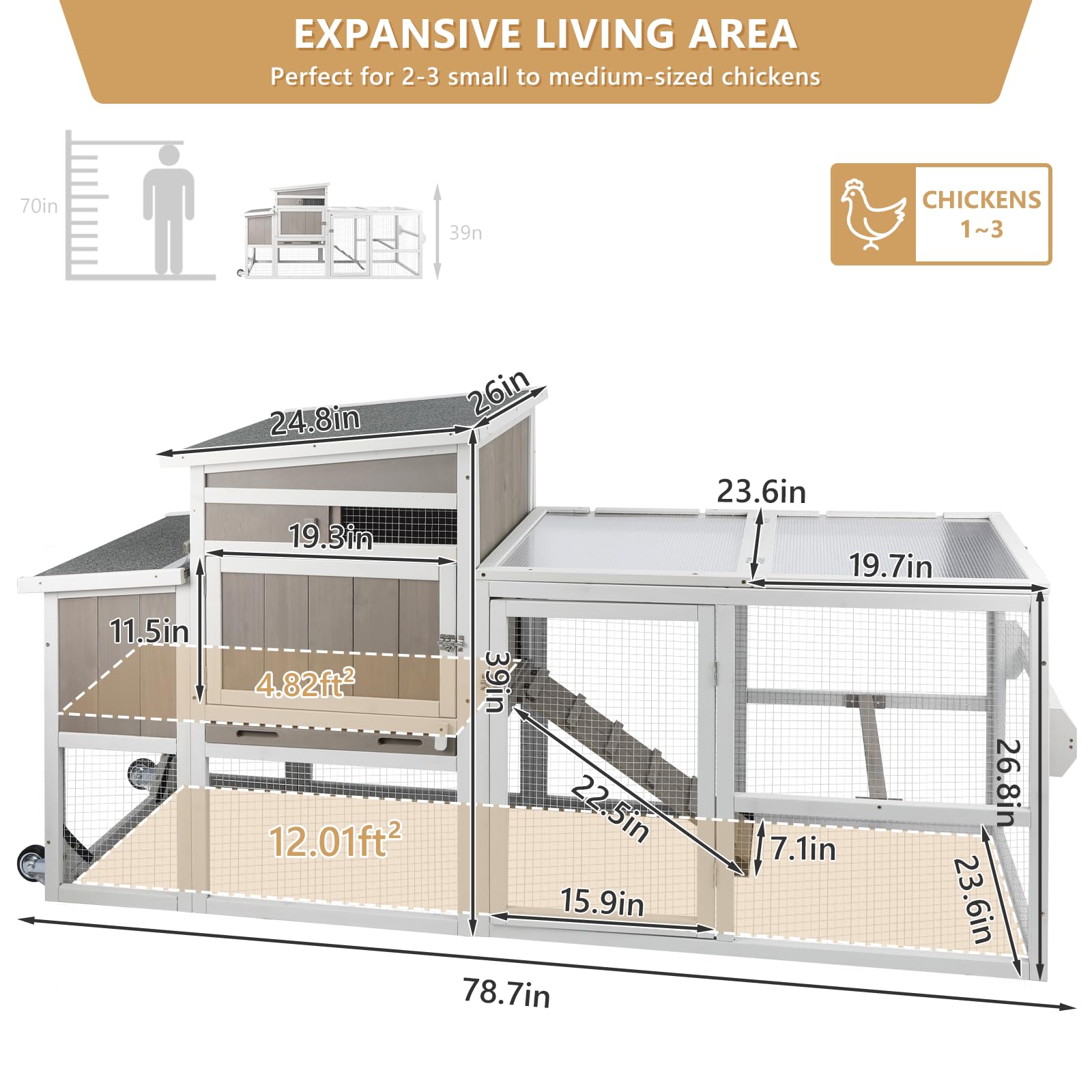 PetsCosset Chicken Coop with Run, Mobile Hen House with Wheels, Indoor/Outdoor Rabbit Hutch, Predator-Resistant, Nesting Box, 3