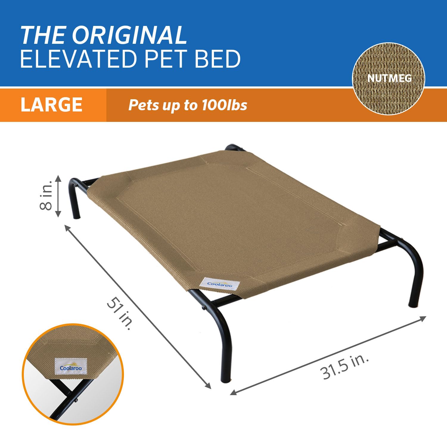 Coolaroo Elevated Dog Bed - Large, 51"x31.5", Nutmeg, 100% Recyclable High Density Polyethylene, Model 458959, Indoor/Outdoor Use