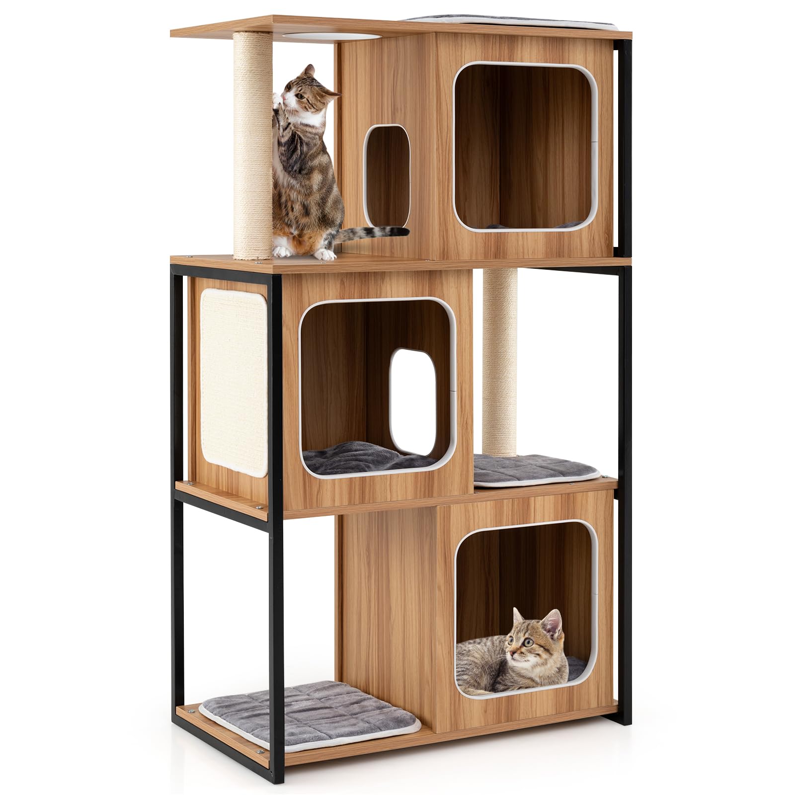 PETSITE 52-inch Wood Cat Tree for Indoor Cats, Multi-Level Solid Metal Framed Wooden Cat Tower with Sisal Scratching Posts and P