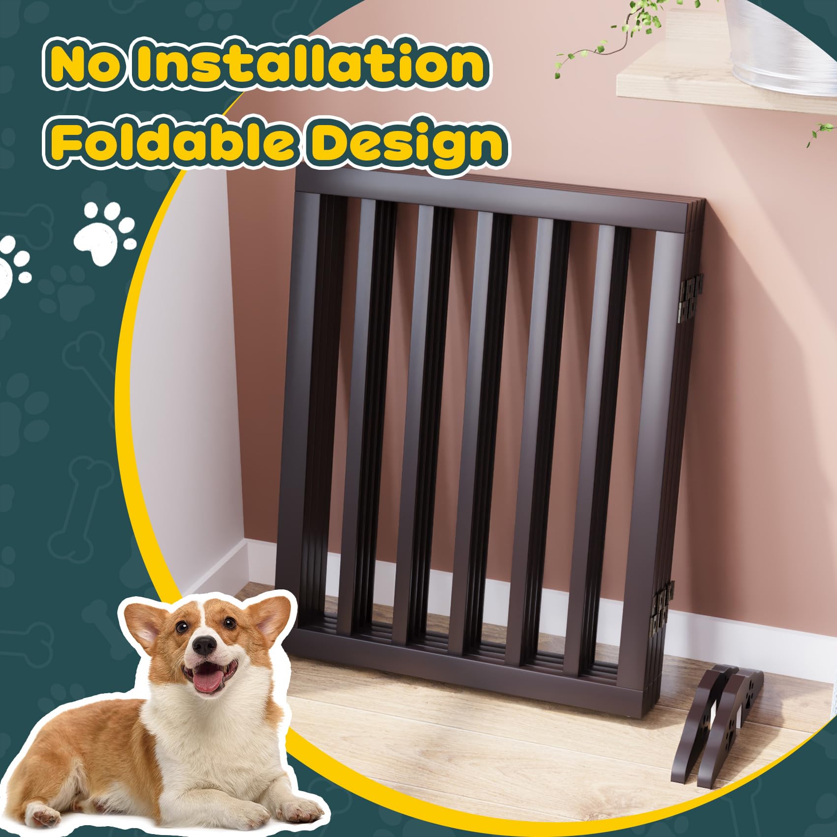 Semiocthome Freestanding Dog Gates for The House, Doorways, Stairs with 2PCS Support Feet, Foldable 4-Panel Pet Gates for Dogs,