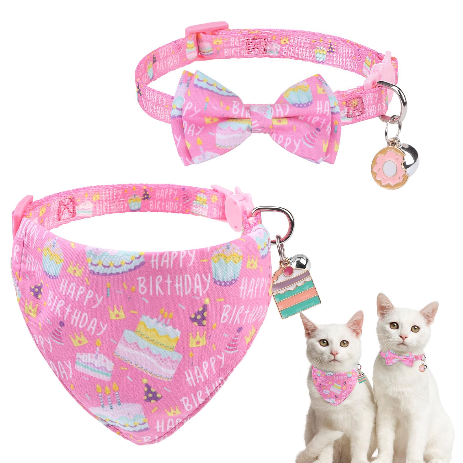 Scenereal Cat Bandana Collar For Birthday - 2 Pack Breakaway Kitten Collars With Bell Bowtie, Accessories For Pets, Adjustable C