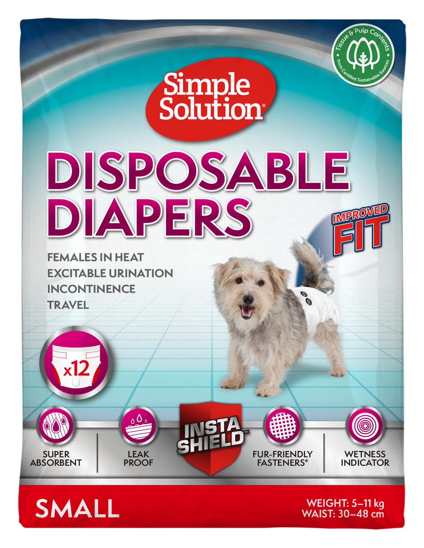 Simple Solution Disposable Dog Diapers for Female Dogs | Super Absorbent Leak-Proof Fit | Small | 12 Count