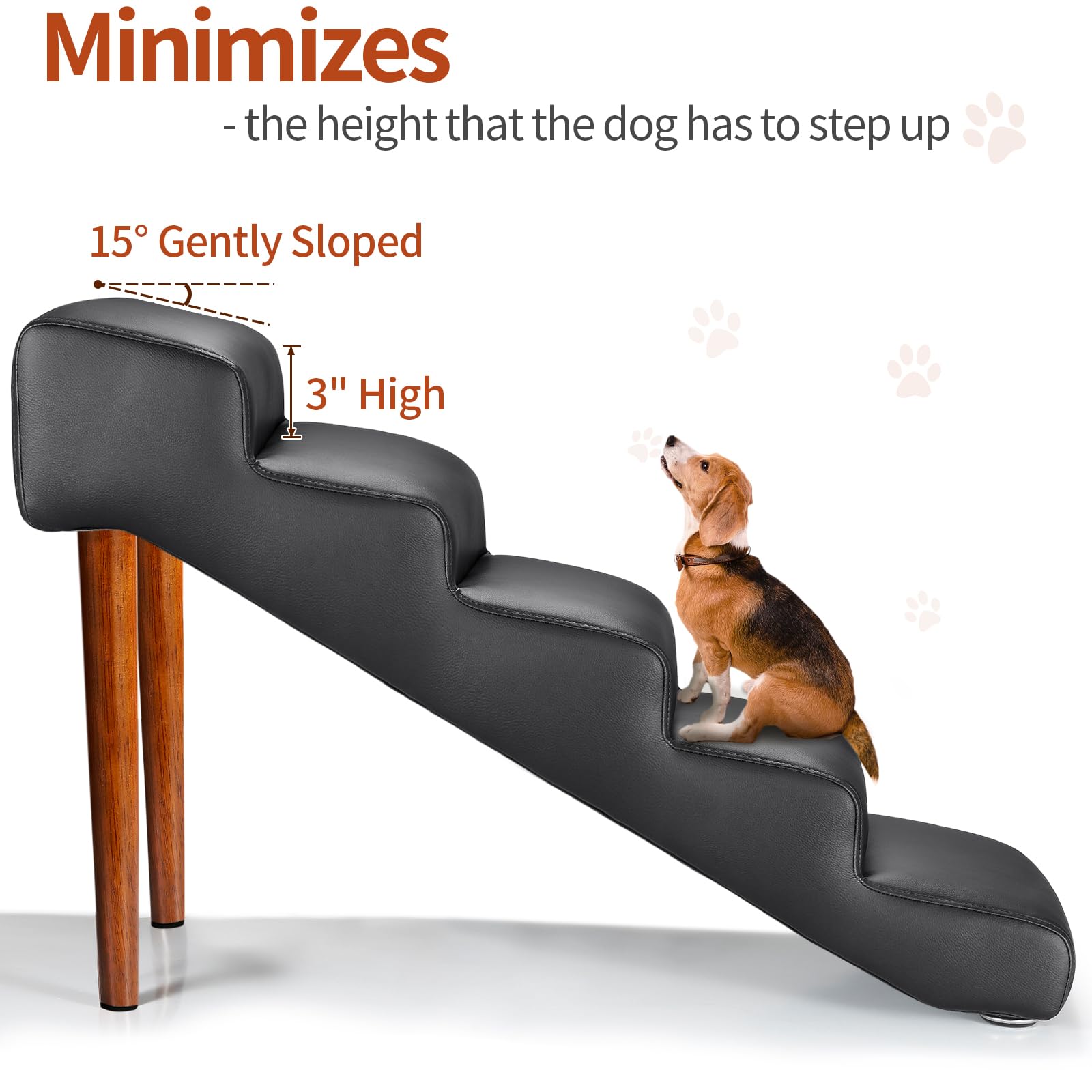 Senneny Black Faux Leather Dog Stairs, For Pets Up To 150 Lbs, Waterproof, Scratch Resistant Pet Steps/Stairs With High Density