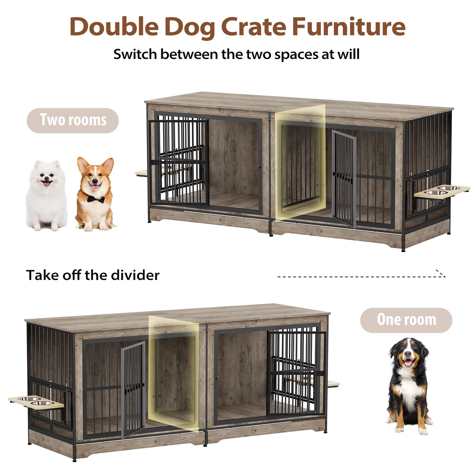 Rovibek 78 Double Dog Crate Furniture for 2 Large Dogs Indoor, Wooden Furniture Dog Crates with Dog Bowl, Dog Kennel Furniture T