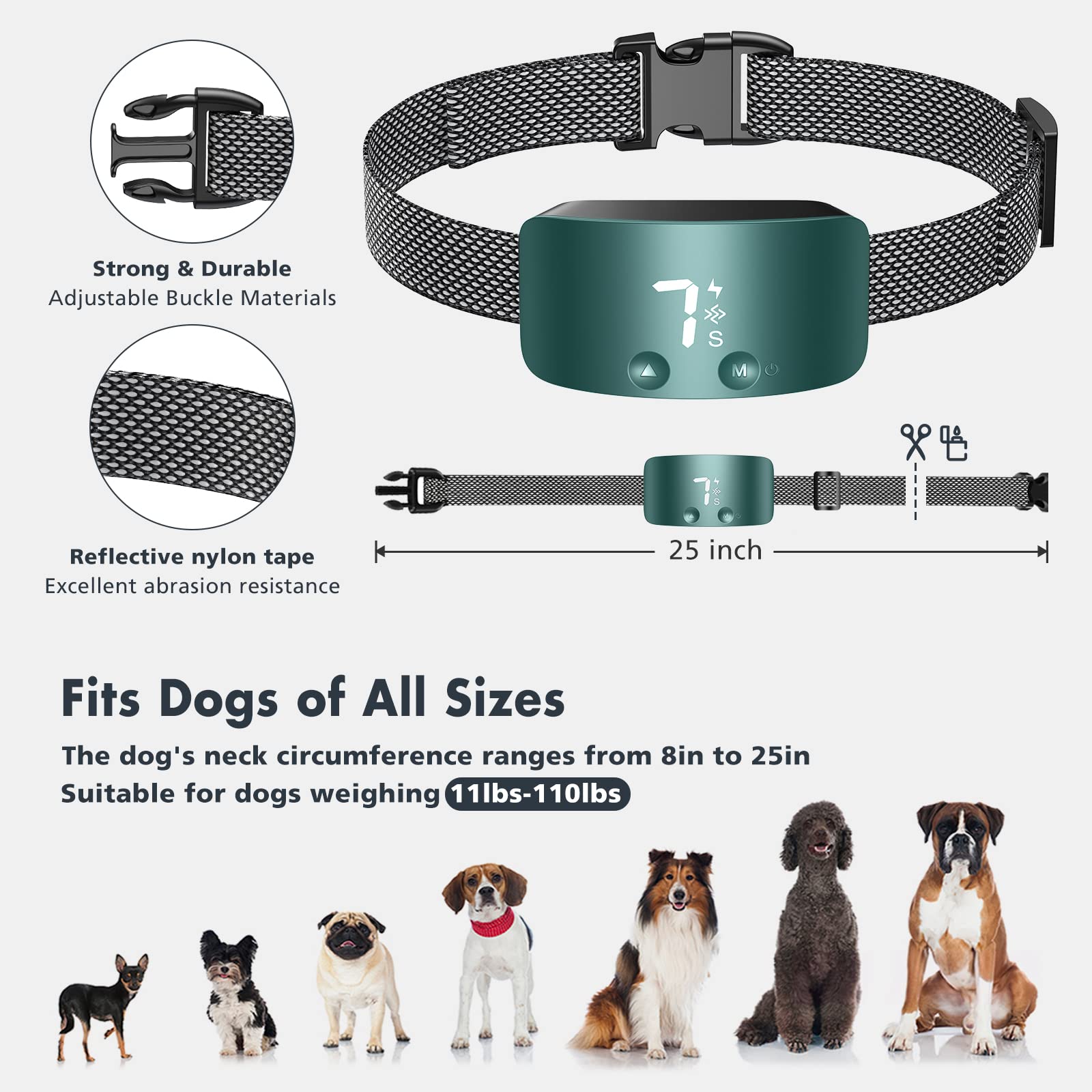 NBJU Bark Collar for Dogs - Rechargeable Anti-Barking Training Collar with 7 Adjustable Sensitivities, Beep & Vibration, Blackish Green