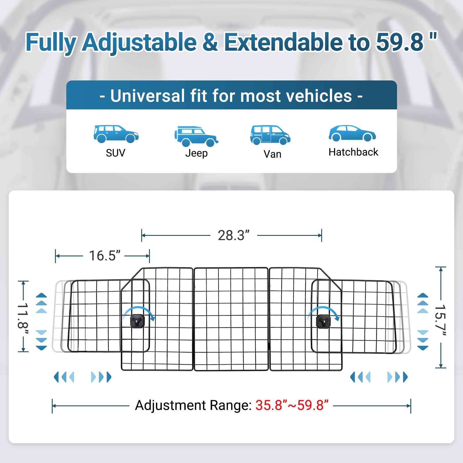 rabbitgoo Dog Car Barrier for SUVs, Adjustable Large Pet Gate, Universal-Fit Divider Cargo Net, Heavy-Duty Wire Mesh Dog Barrier