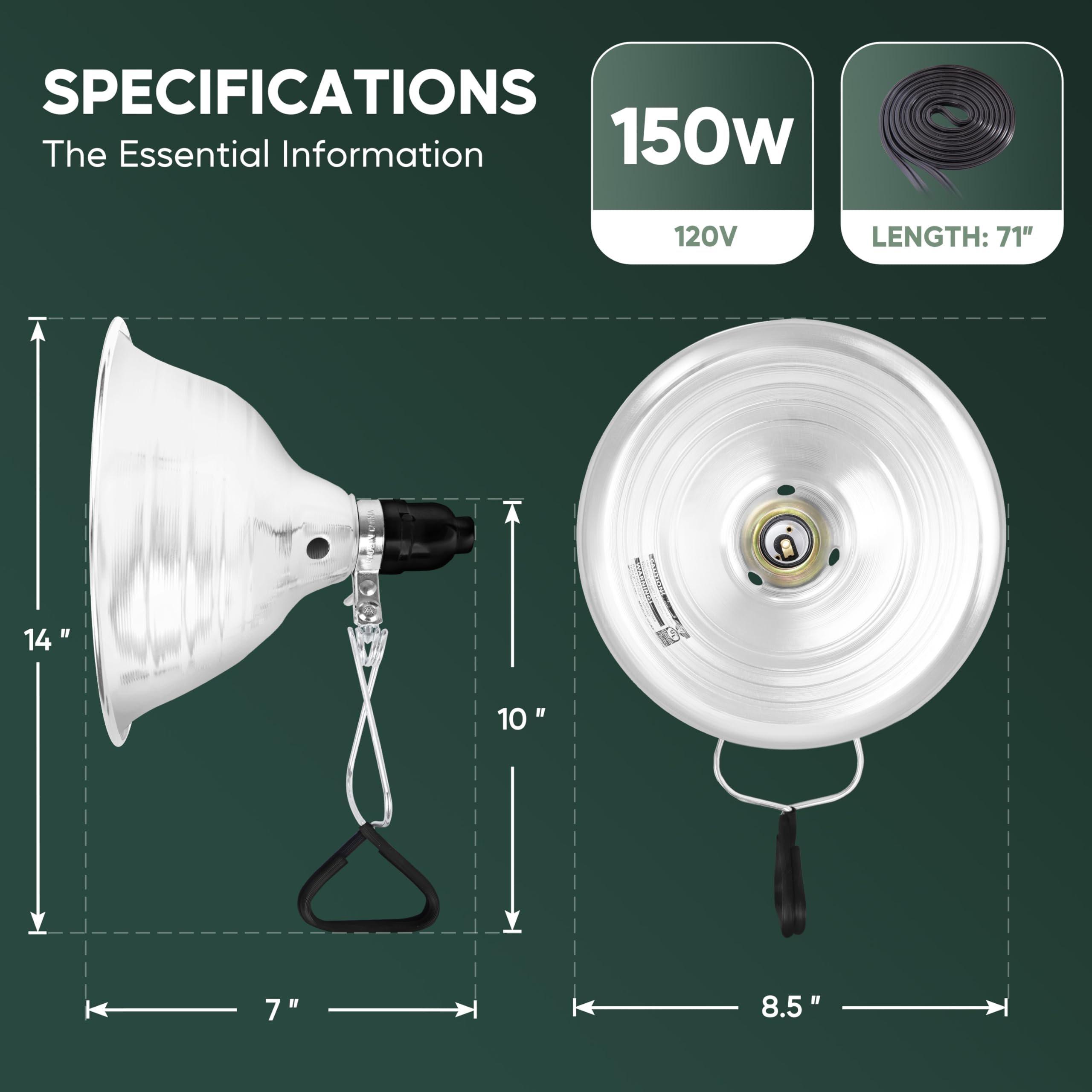 Healsmart 8.5'' Clamp Light Socket, 150-Watt Maximum With 6 Feet 18/2 Spt-2 Cord, Aluminum Reflector E26 (No Bulb Included), For
