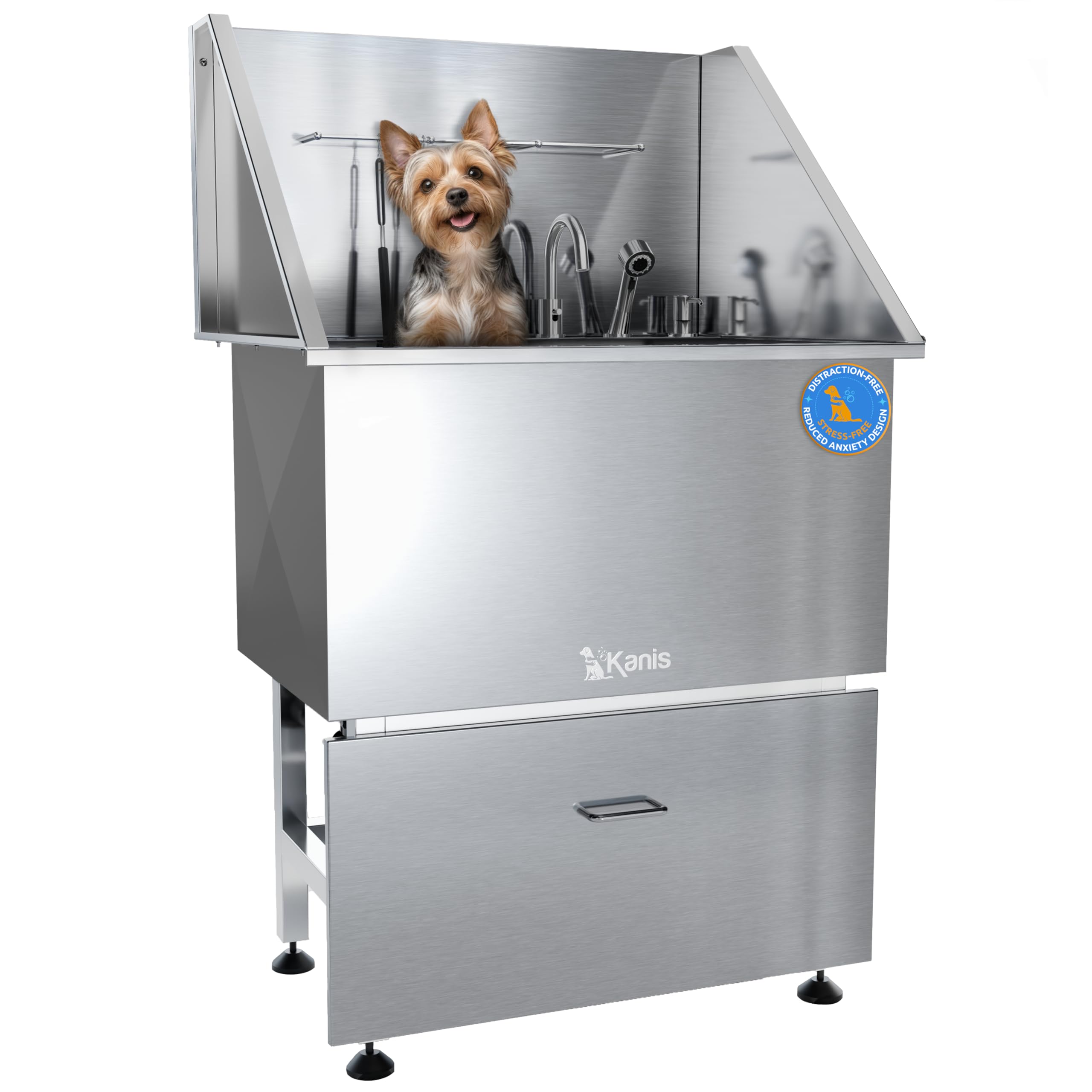 Kanis Professional Stainless Steel Dog Bathing Station - Grooming Tub With Storage Drawer, Floor Grate & Faucet/Dog Bathtub For 