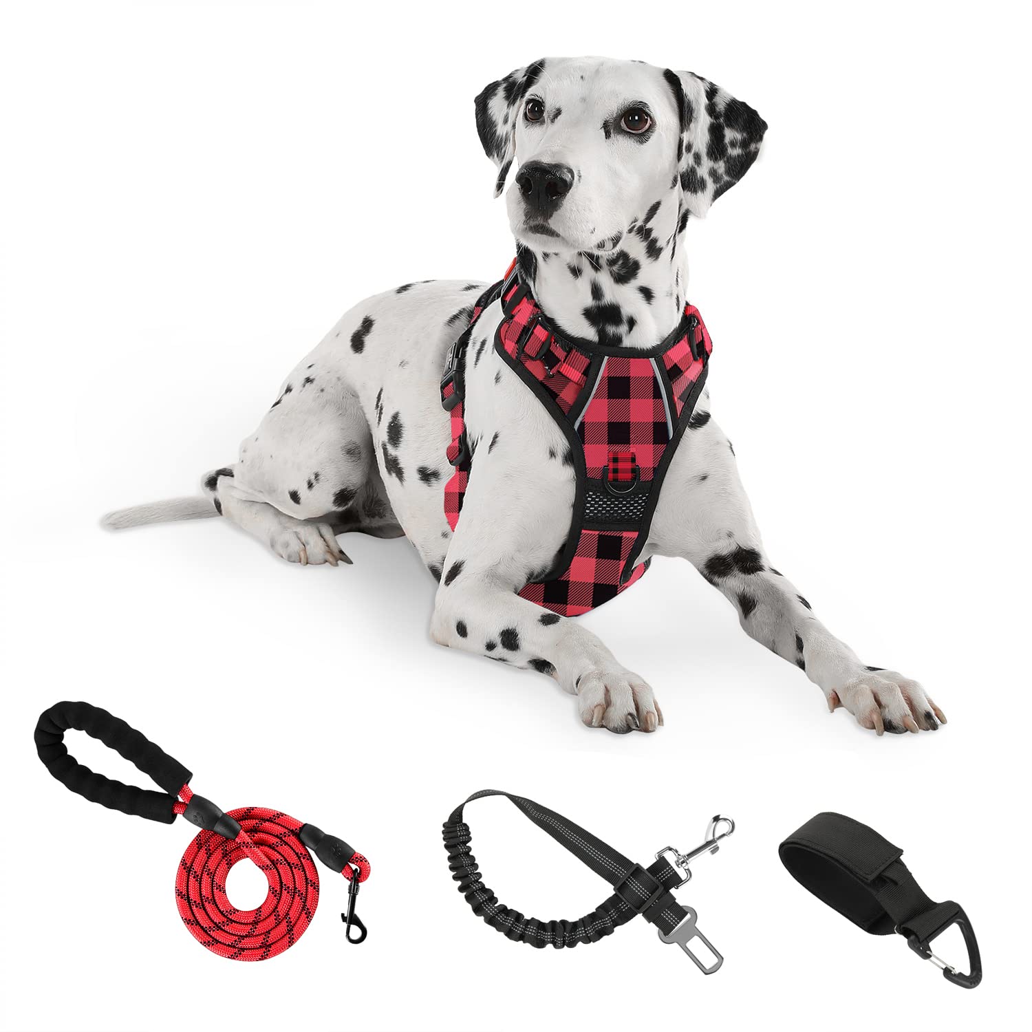 Furryfection Plaid Dog Harness For Extra Large Dogs, No Pull Reflective Pet Harness, No Choke Vest Harnesses With Leash, Easy Control Handle, Adjustable Front Lead & Seat Belt, Red & Black,Xl