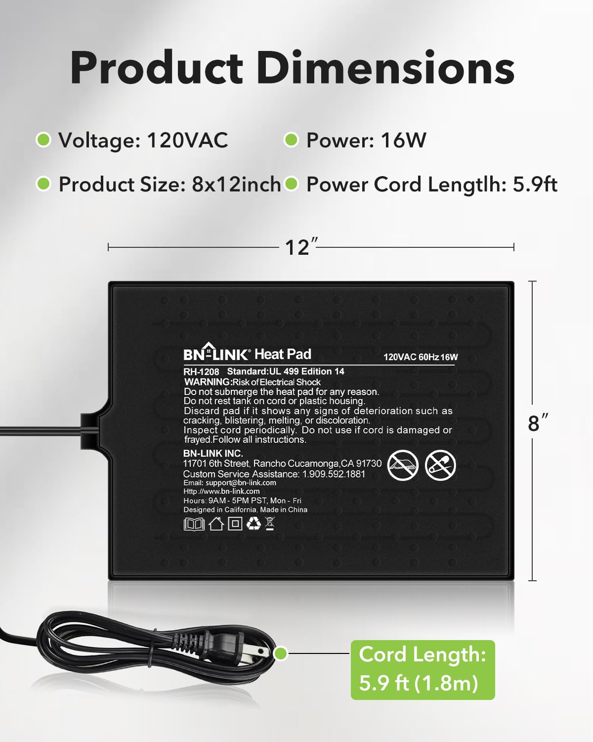 Bn-Link Reptile Heat Pad 8''X12'' 16W For 30-40Gal Under Tank Terrarium Heating Mat Waterproof For Turtle, Lizard, Frogs, Snake,