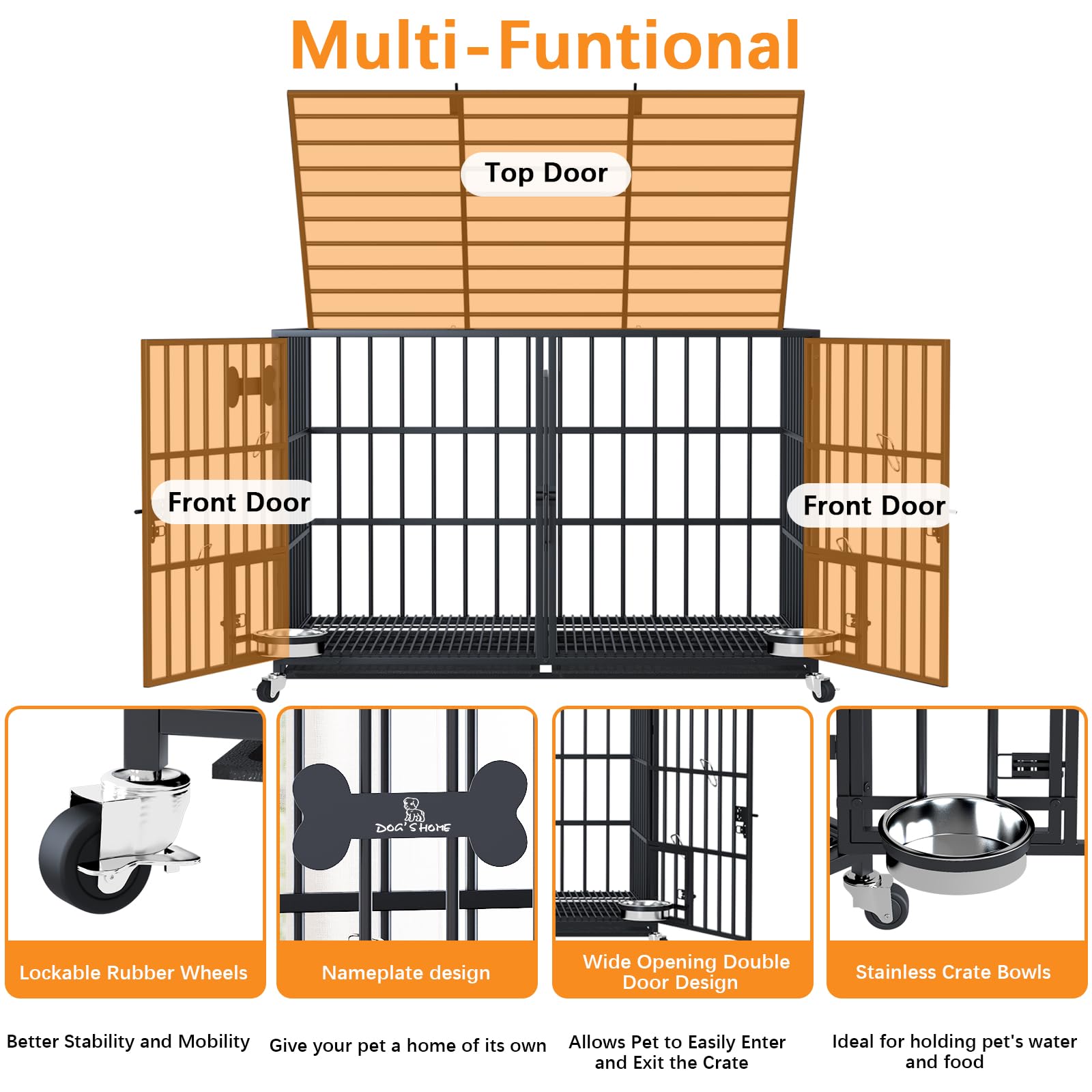 Aboxoo 42/48 Inch Heavy Duty Metal Dog Crate For 2 Dogs/Large Dog,All Metal Open Top Stackable,Dog Kennel Indoor With Wheels,Flo