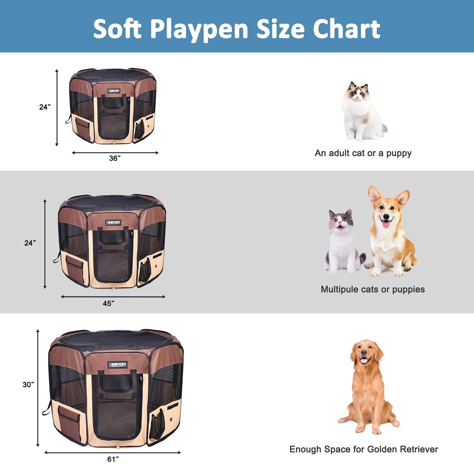 Jespet 61'' Pet Dog Playpens, Portable Soft Dog Exercise Pen Kennel With Carry Bag For Puppy Cats Kittens Rabbits, Brown