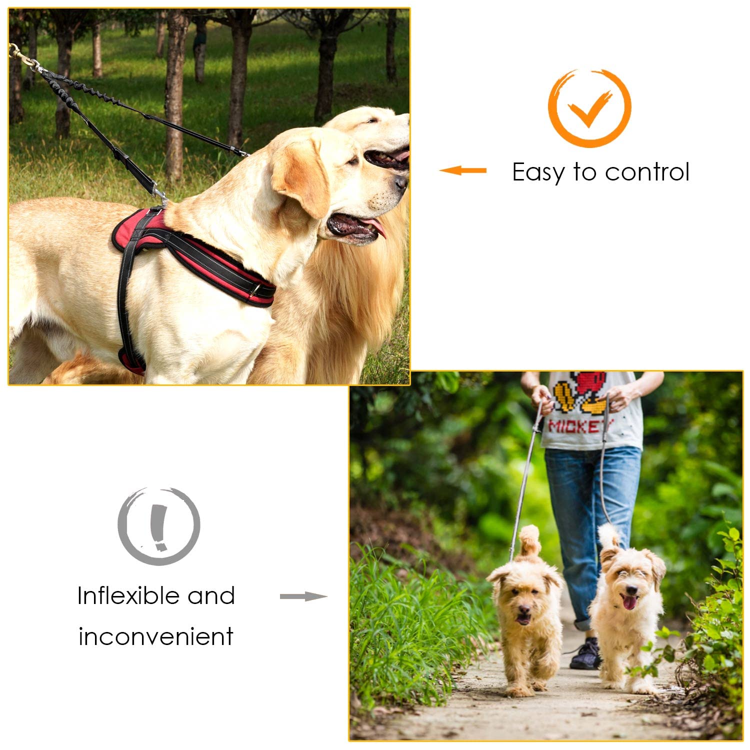 Autowt Double Dog Leash, No Tangle 360?Swivel Rotation Reflective Lead Attachment Adjustable Length Dual Two Dog Lead Splitter, Comfortable Shock Absorbing Walking Training For 2 Dogs