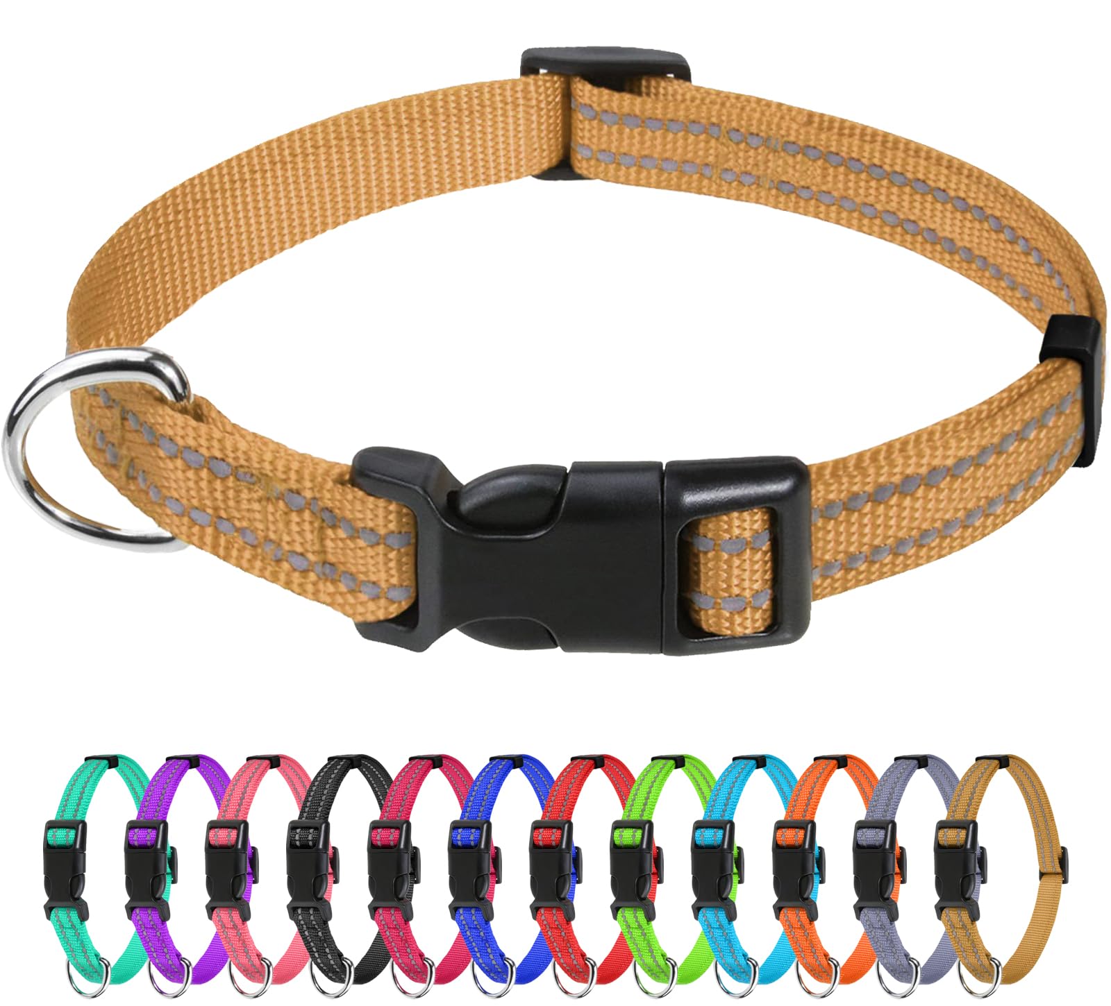 Tagme Reflective Nylon Dog Collars, Adjustable Classic Dog Collar With Quick Release Buckle For Puppy, Khaki, 3/8' Width